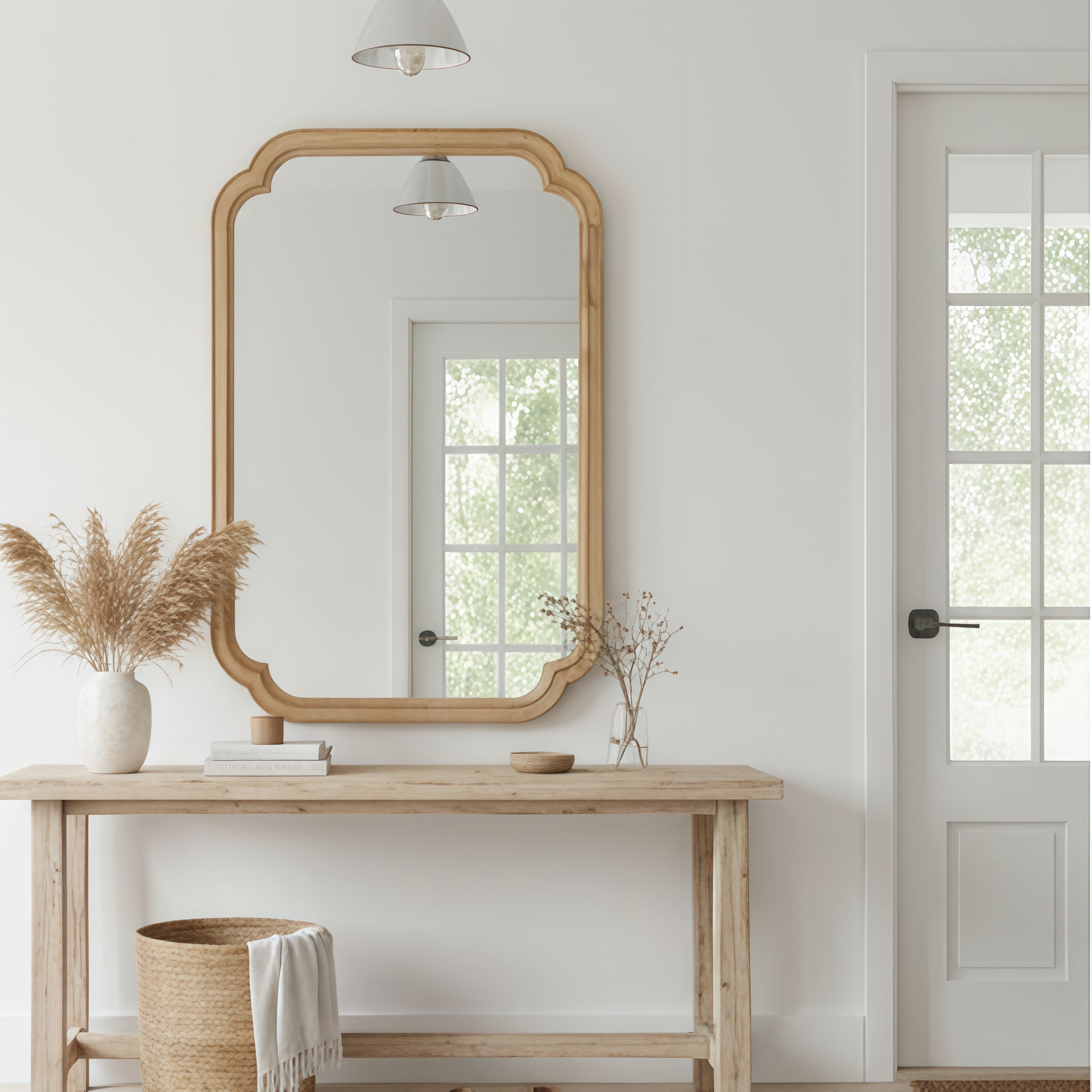 Natural Wood 20" x 30" Rounded Corner Solid Wood Frame Wall Mirror, Decorative Wall Mirror for Bedroom