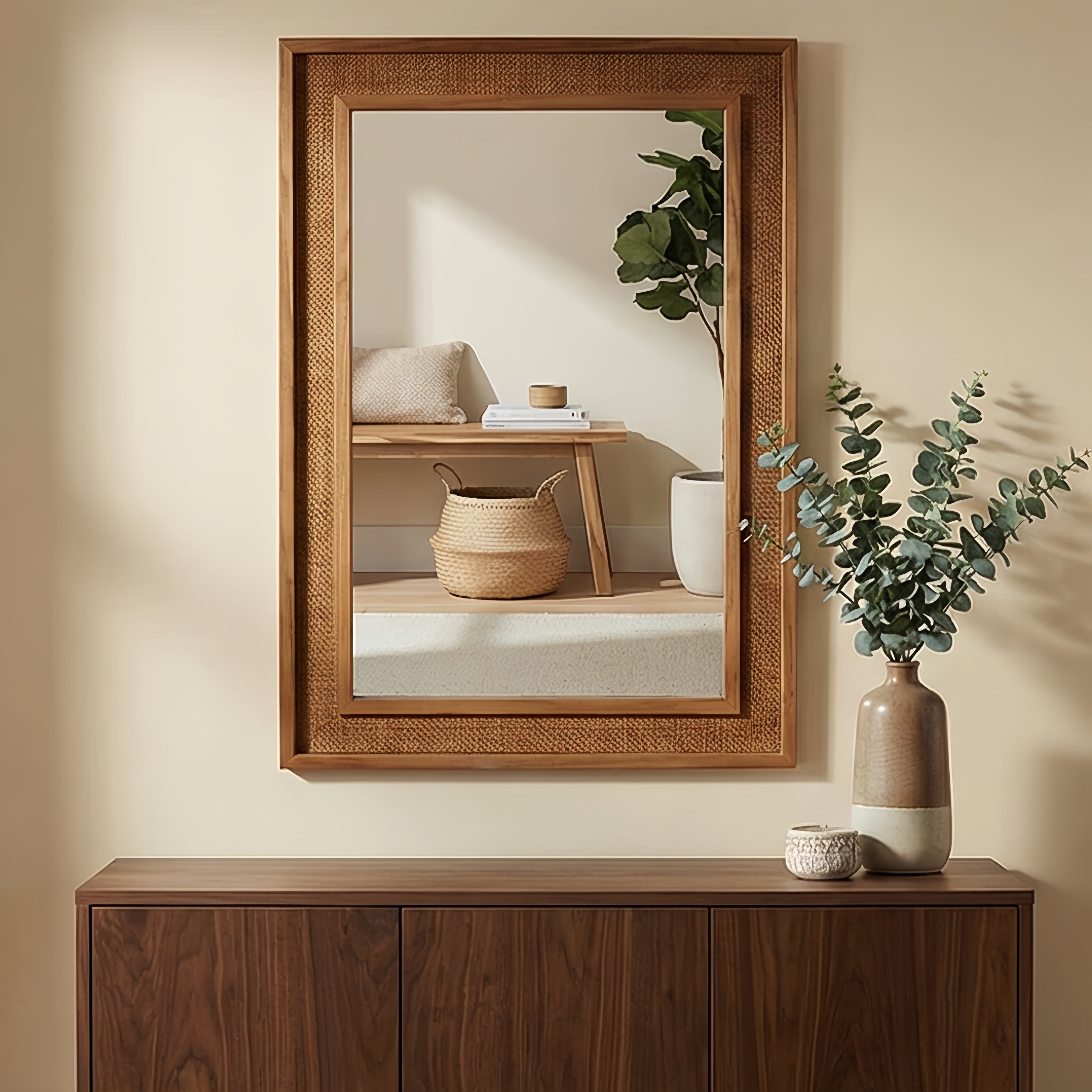 24" x 36" Decorative Mirror, Yellowish Brown Rattan Rectangle Solid Wood Frame, For Farmhouse,Home Decor,Entryway（副本）