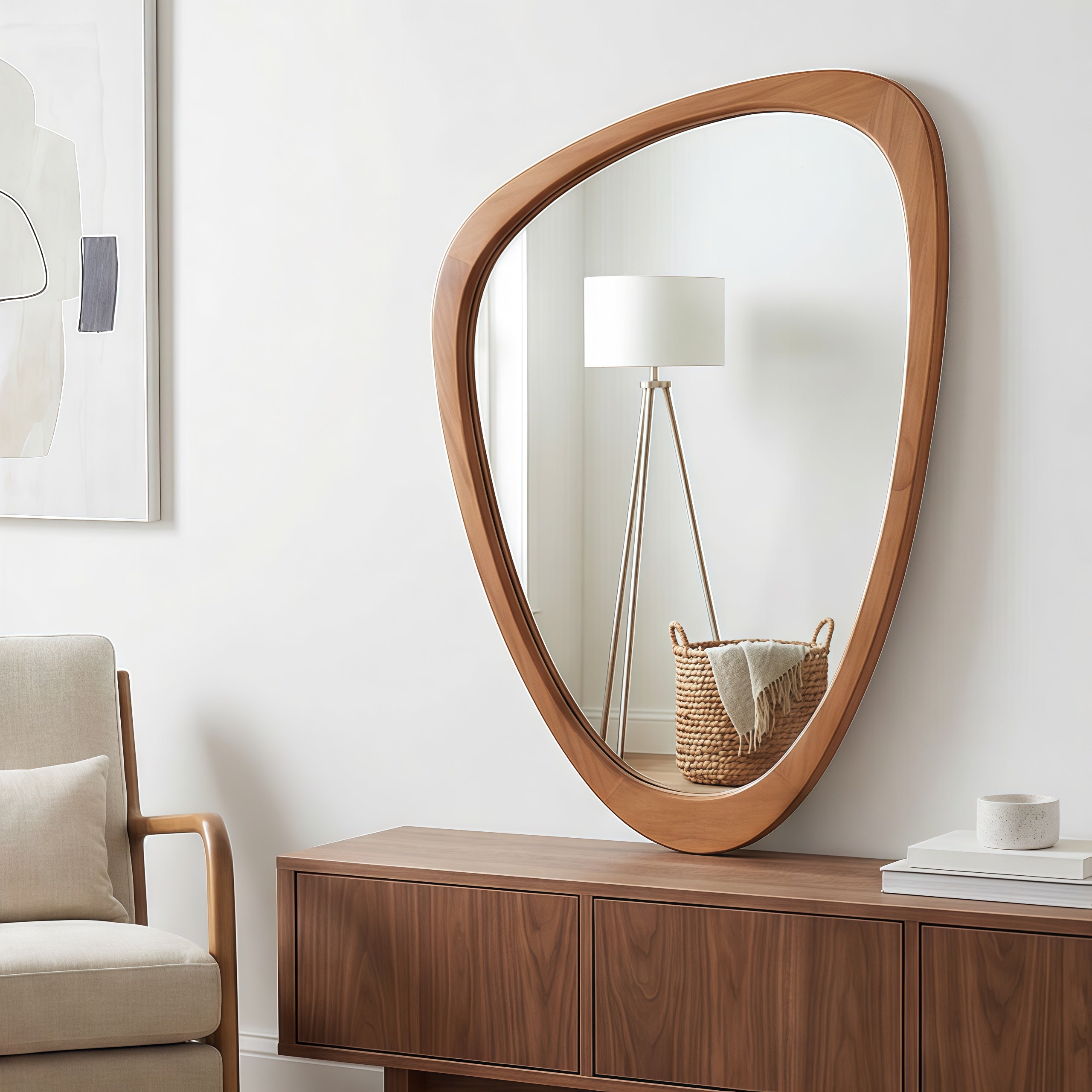 24" x 36"  Yellowish-Brown Irregular Wood Frame Mirror|Solid Wood Frame Decorative Bathroom Vanity Mirror for Bedroom, Living Room & Entryway