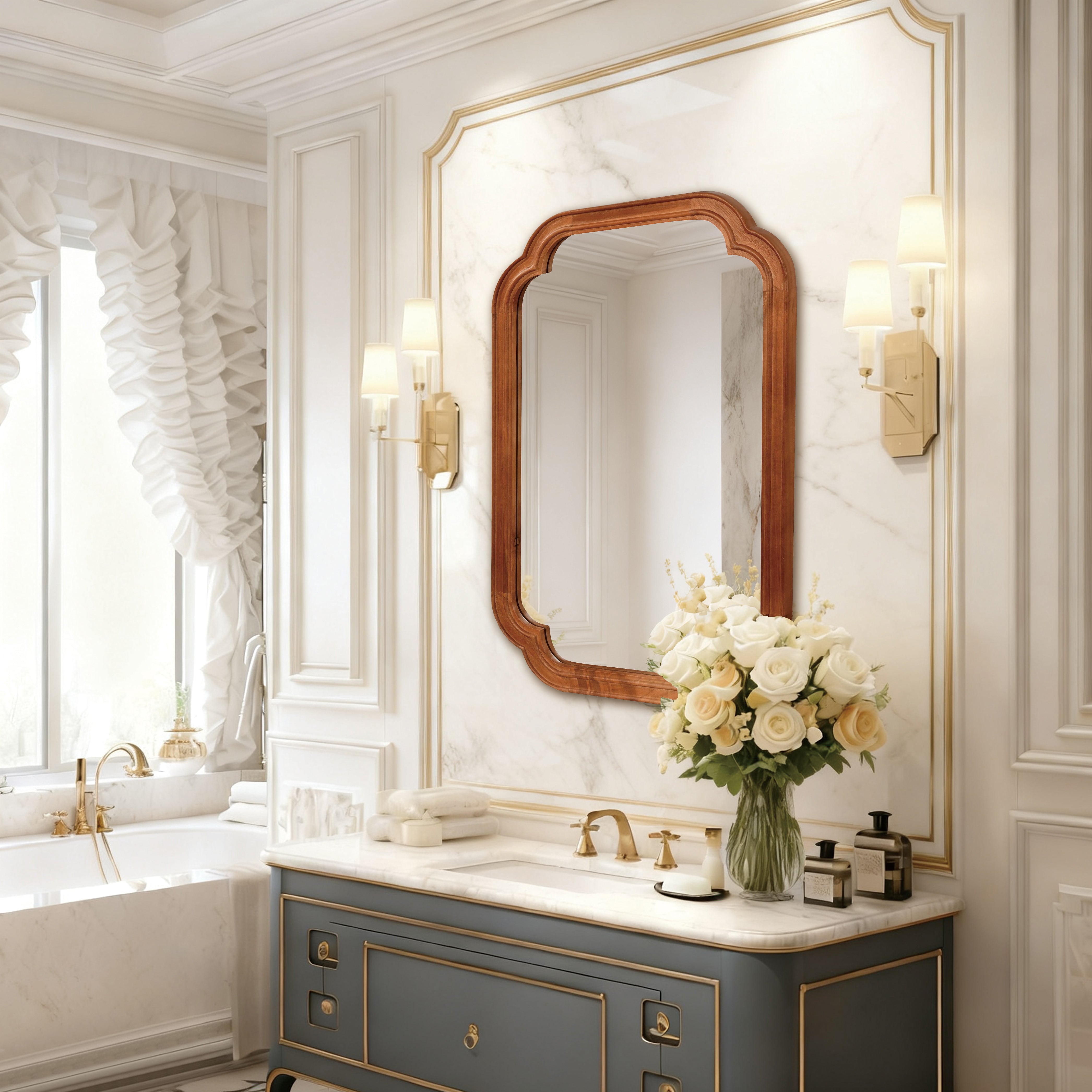 Yellowish Brown 20" x 30" Solid Wood Frame Rounded Corner Wall Mirror, Decorative Wall Mirror for Bedroom