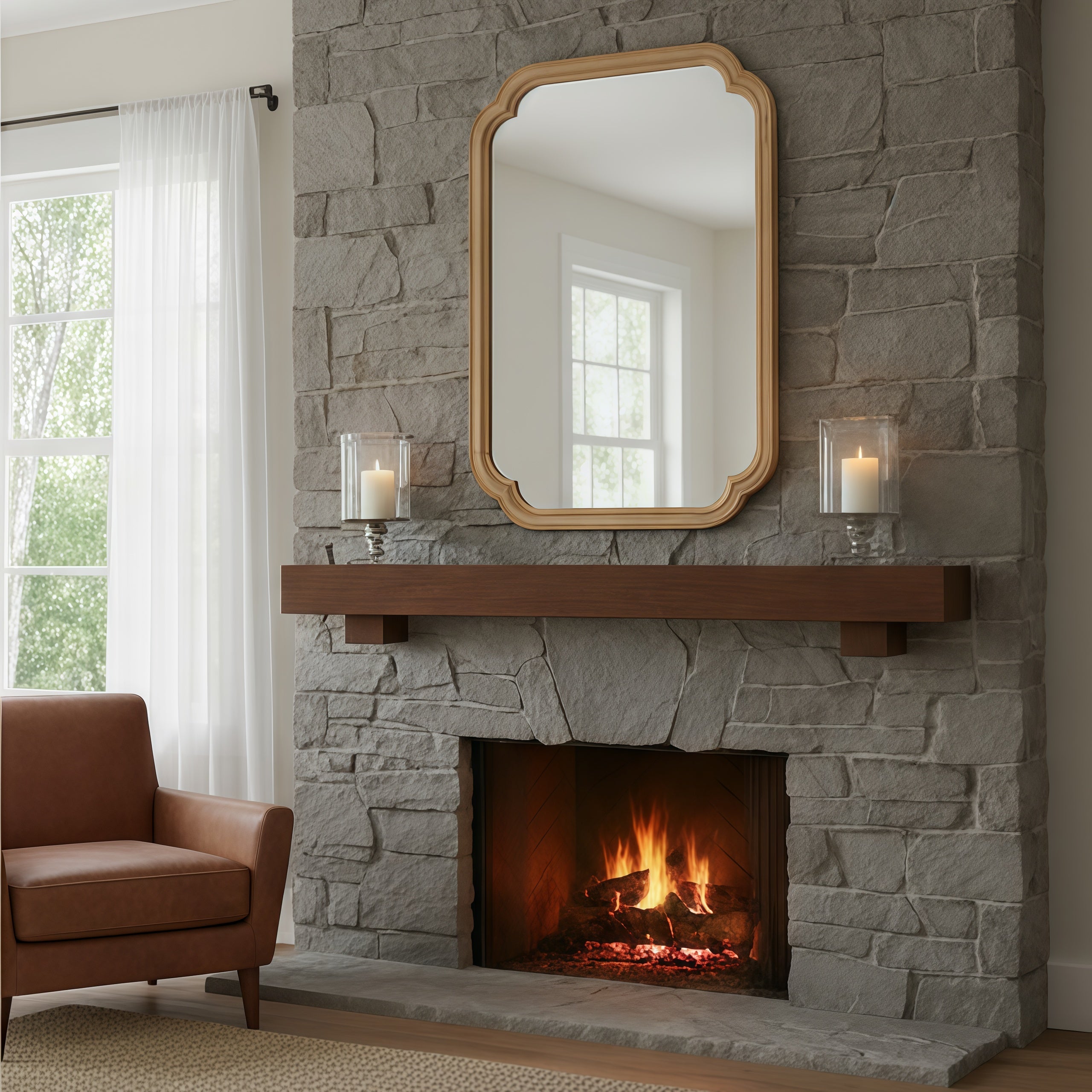 Natural Wood 20" x 30" Rounded Corner Solid Wood Frame Wall Mirror, Decorative Wall Mirror for Bedroom