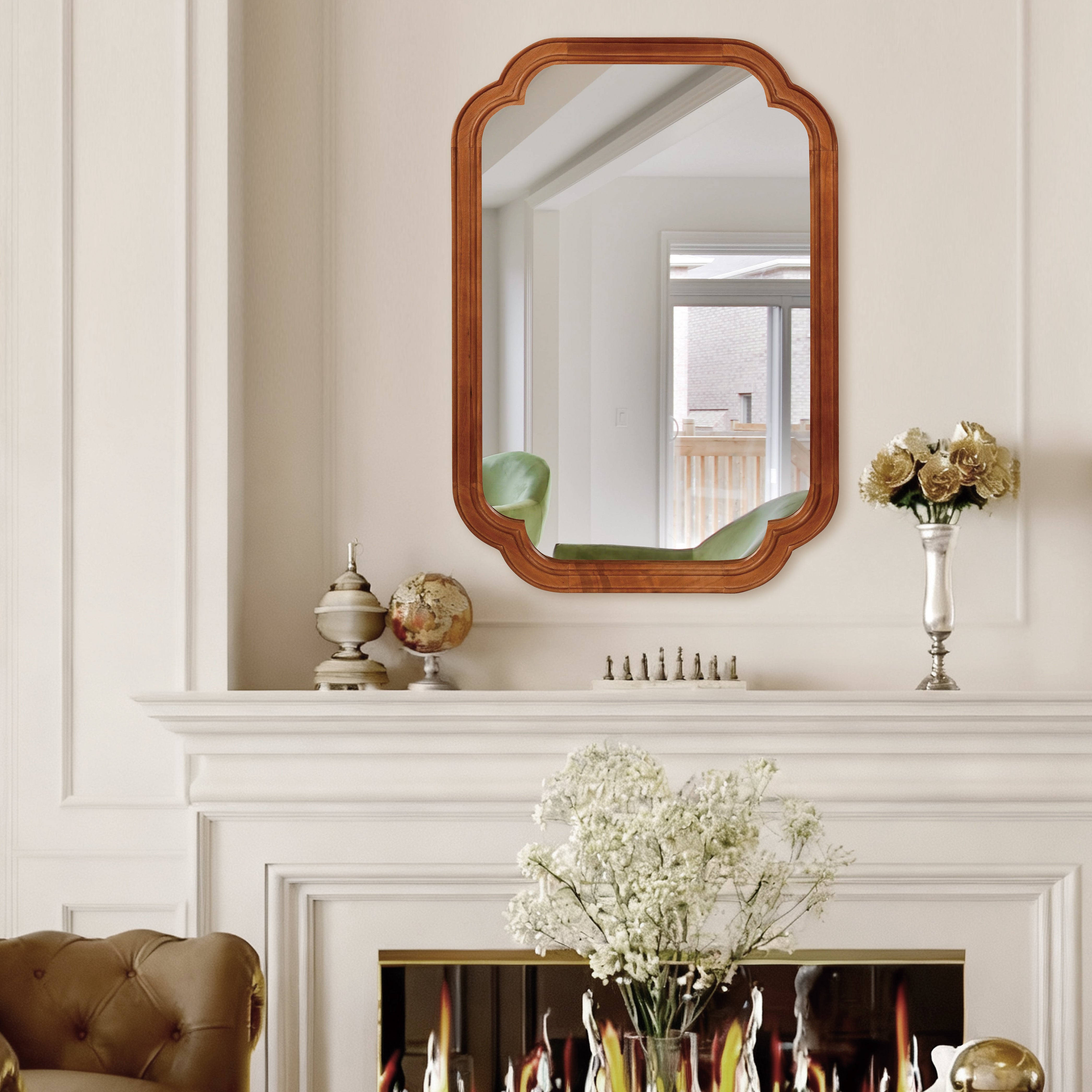 Yellowish Brown 20" x 30" Solid Wood Frame Rounded Corner Wall Mirror, Decorative Wall Mirror for Bedroom