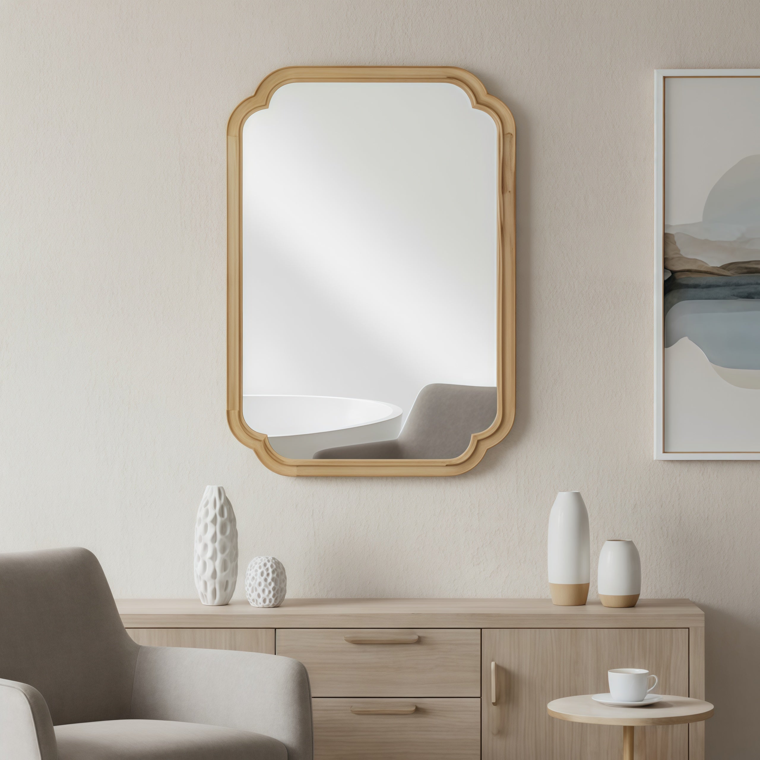 Natural Wood 20" x 30" Rounded Corner Solid Wood Frame Wall Mirror, Decorative Wall Mirror for Bedroom