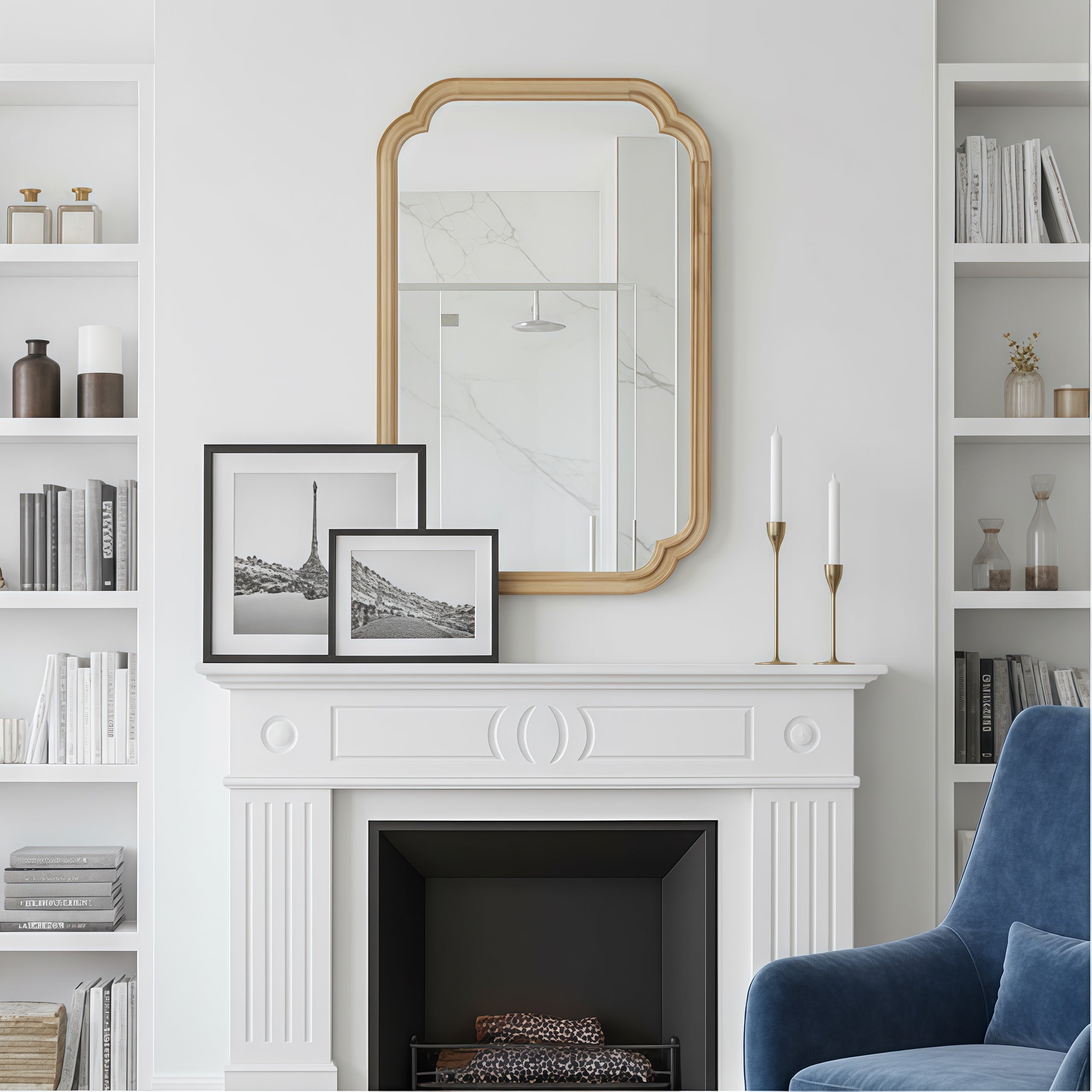Natural Wood 20" x 30" Rounded Corner Solid Wood Frame Wall Mirror, Decorative Wall Mirror for Bedroom
