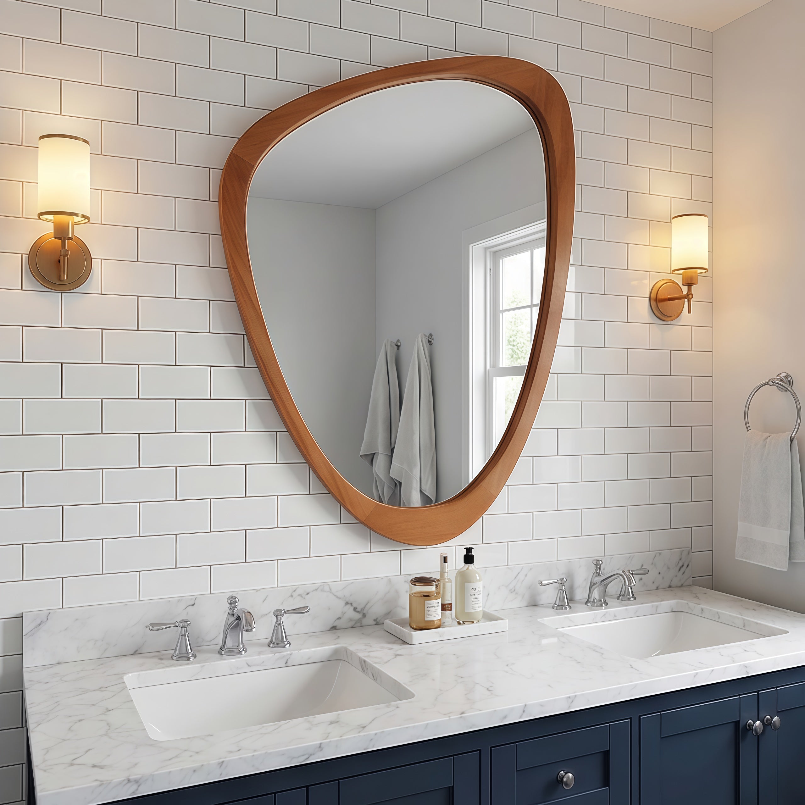24" x 36"  Yellowish-Brown Irregular Wood Frame Mirror|Solid Wood Frame Decorative Bathroom Vanity Mirror for Bedroom, Living Room & Entryway