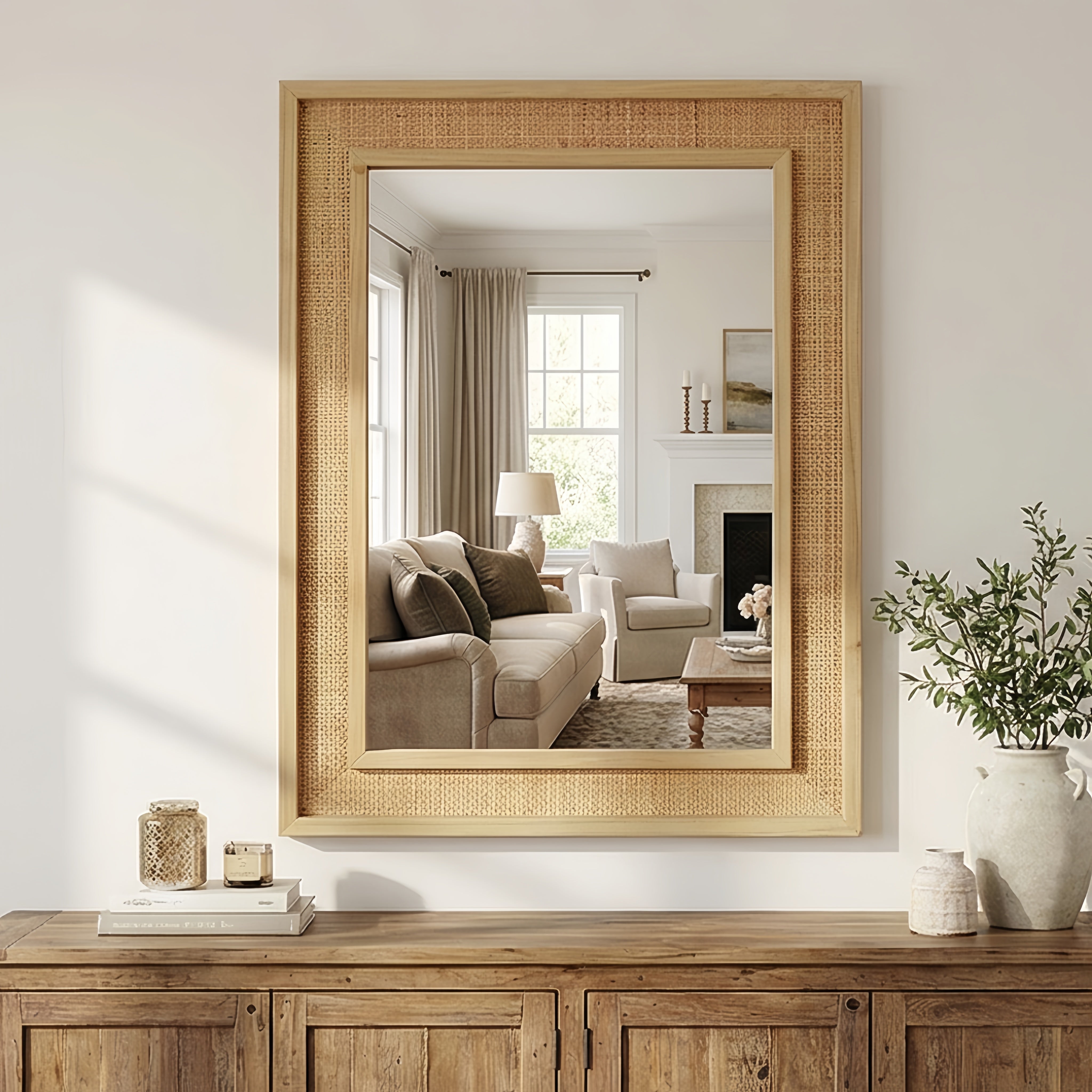 24" x 36" Decorative Mirror, Natural Wood Color Rattan Rectangle Solid Wood Frame, For Farmhouse,Home Decor,Entryway