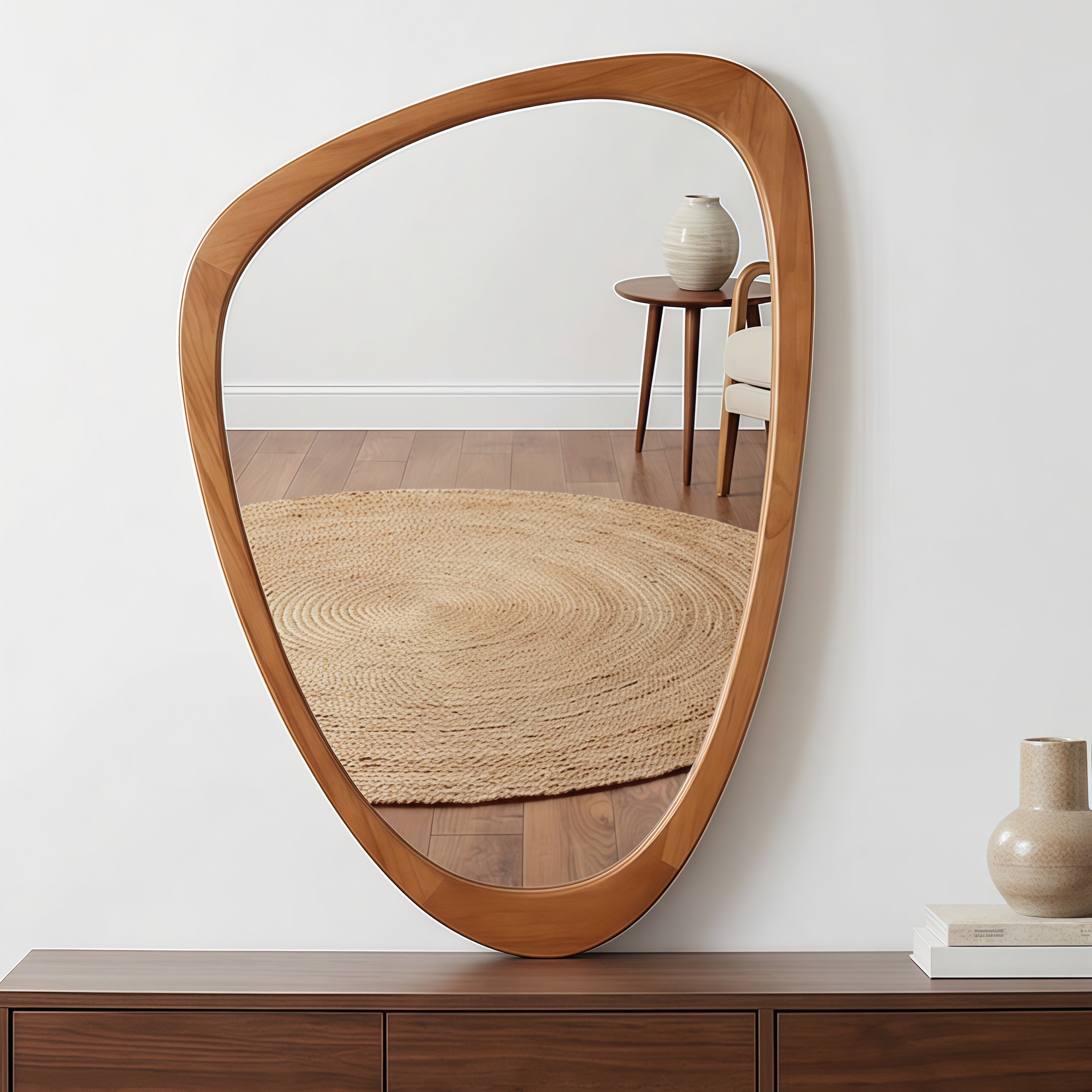 24" x 36"  Yellowish-Brown Irregular Wood Frame Mirror|Solid Wood Frame Decorative Bathroom Vanity Mirror for Bedroom, Living Room & Entryway