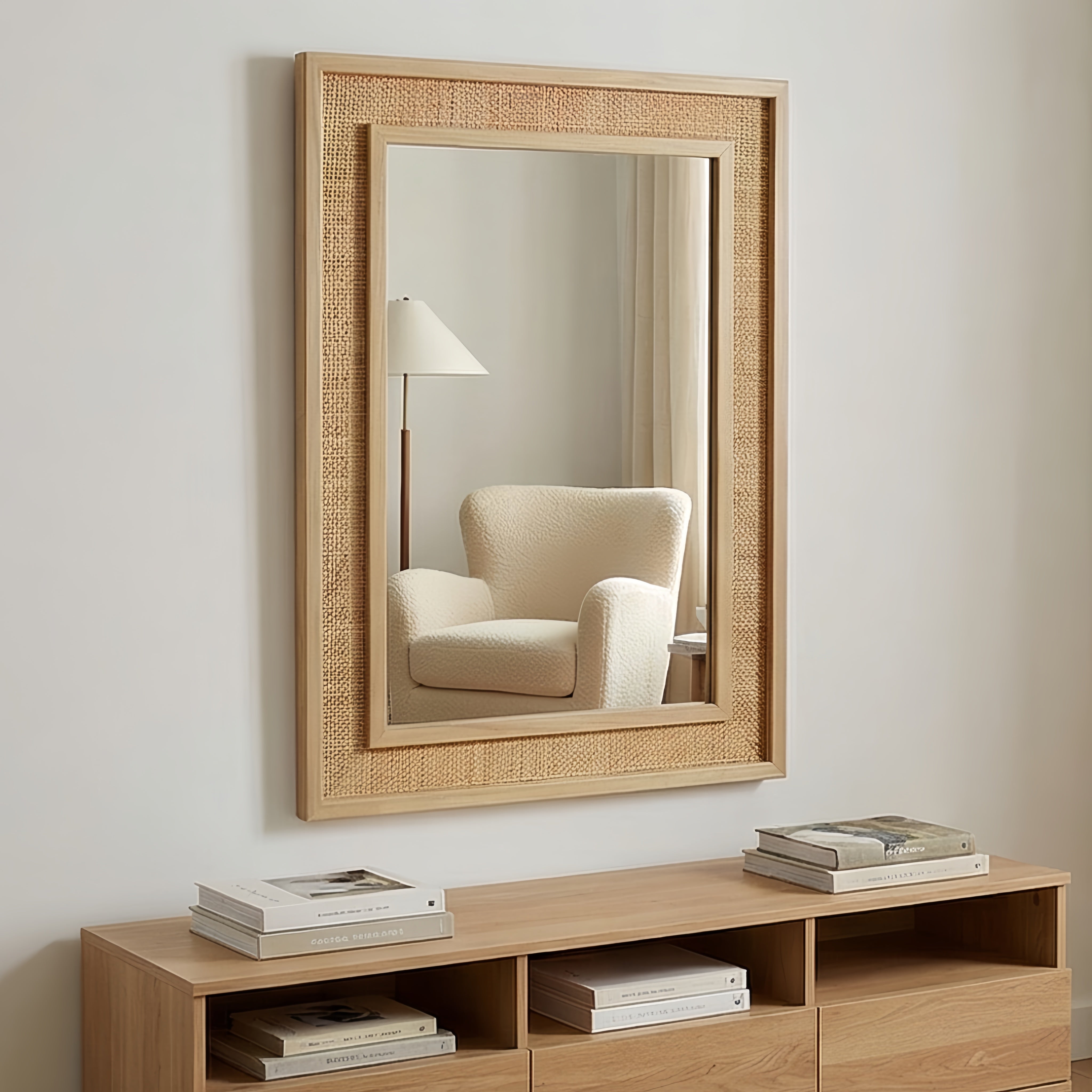 24" x 36" Decorative Mirror, Natural Wood Color Rattan Rectangle Solid Wood Frame, For Farmhouse,Home Decor,Entryway