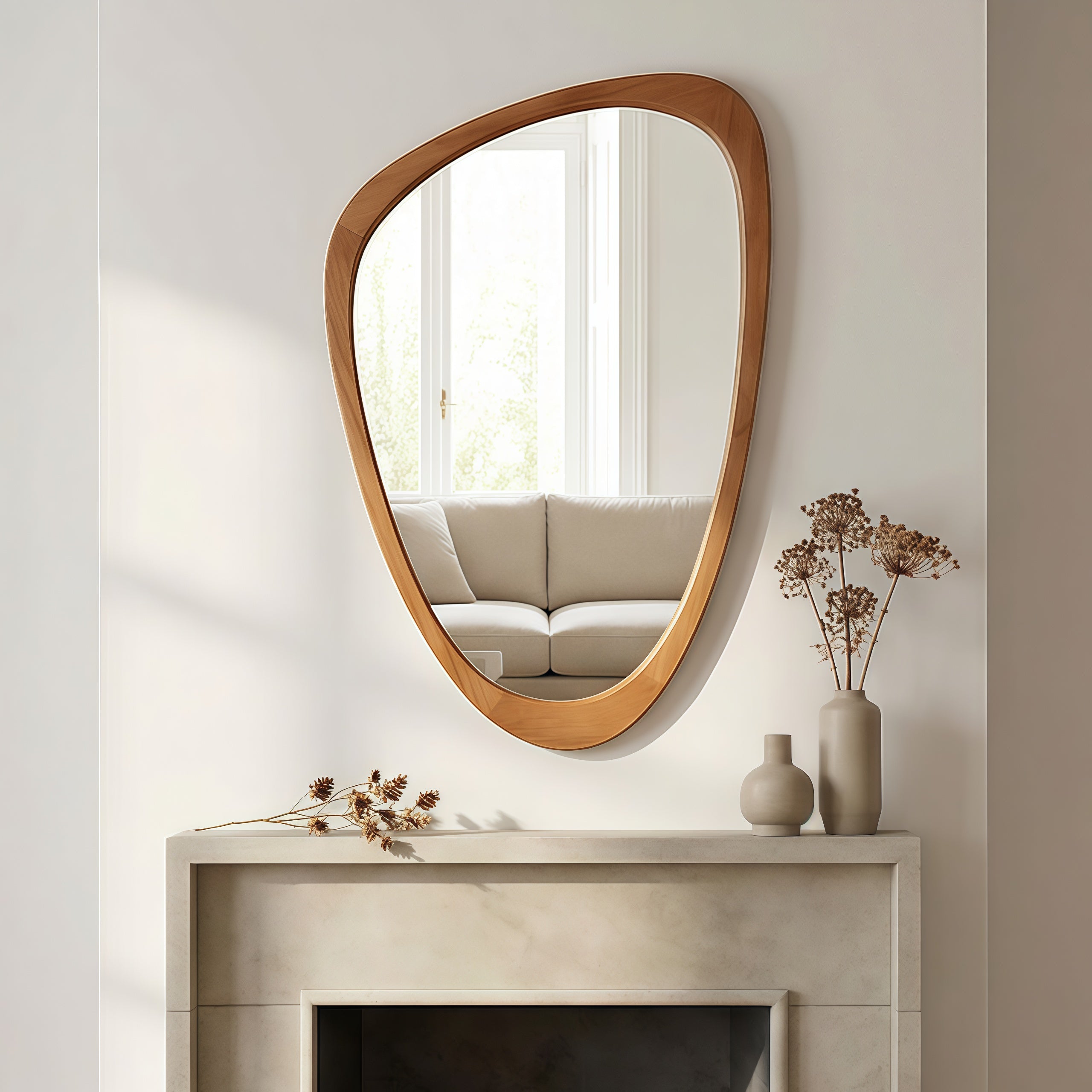 24" x 36"  Yellowish-Brown Irregular Wood Frame Mirror|Solid Wood Frame Decorative Bathroom Vanity Mirror for Bedroom, Living Room & Entryway