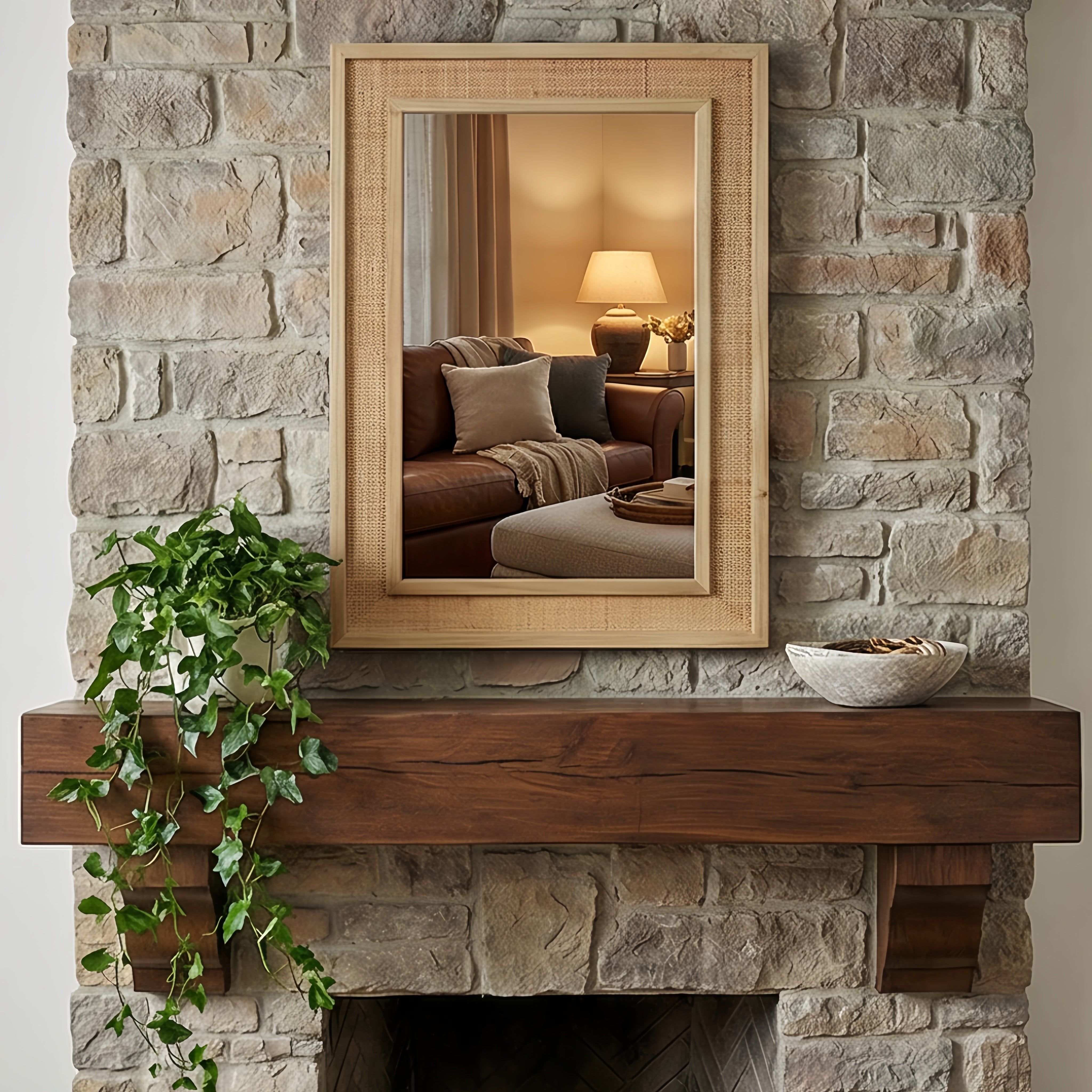 24" x 36" Decorative Mirror, Natural Wood Color Rattan Rectangle Solid Wood Frame, For Farmhouse,Home Decor,Entryway