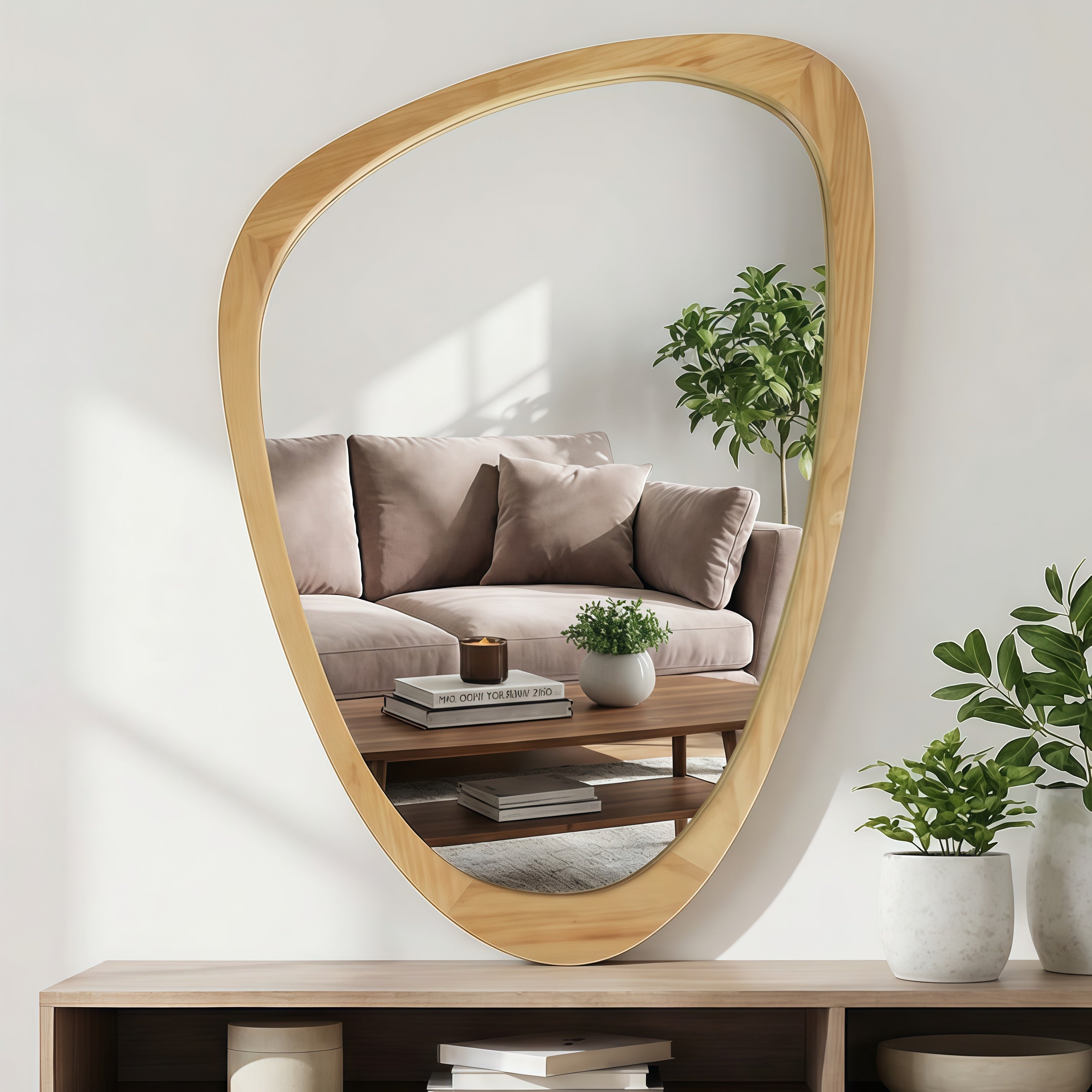 24" x 36" Oak Irregular Wood Frame Mirror|Solid Wood Frame Decorative Bathroom Vanity Mirror for Bedroom, Living Room & Entryway