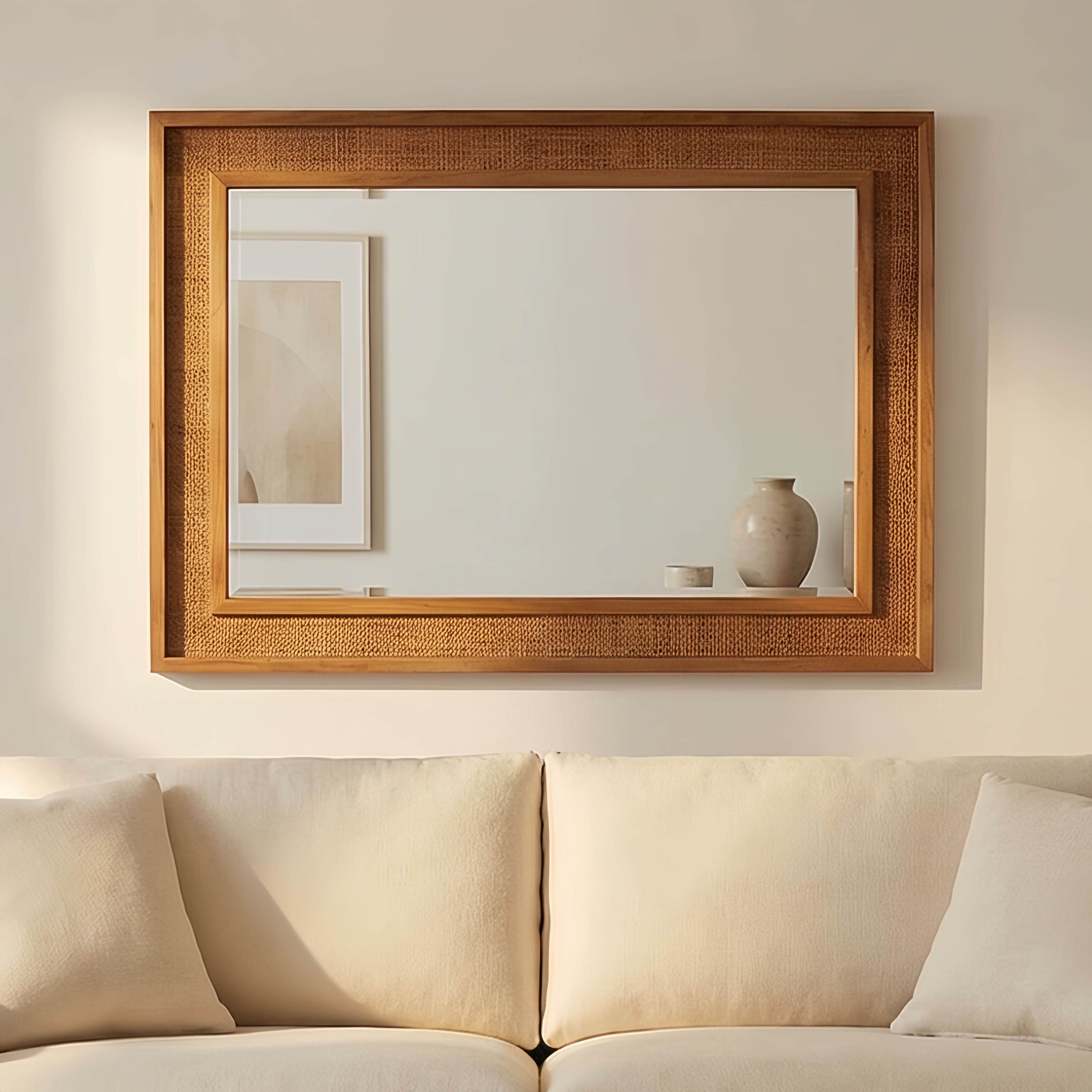 24" x 36" Decorative Mirror, Yellowish Brown Rattan Rectangle Solid Wood Frame, For Farmhouse,Home Decor,Entryway（副本）