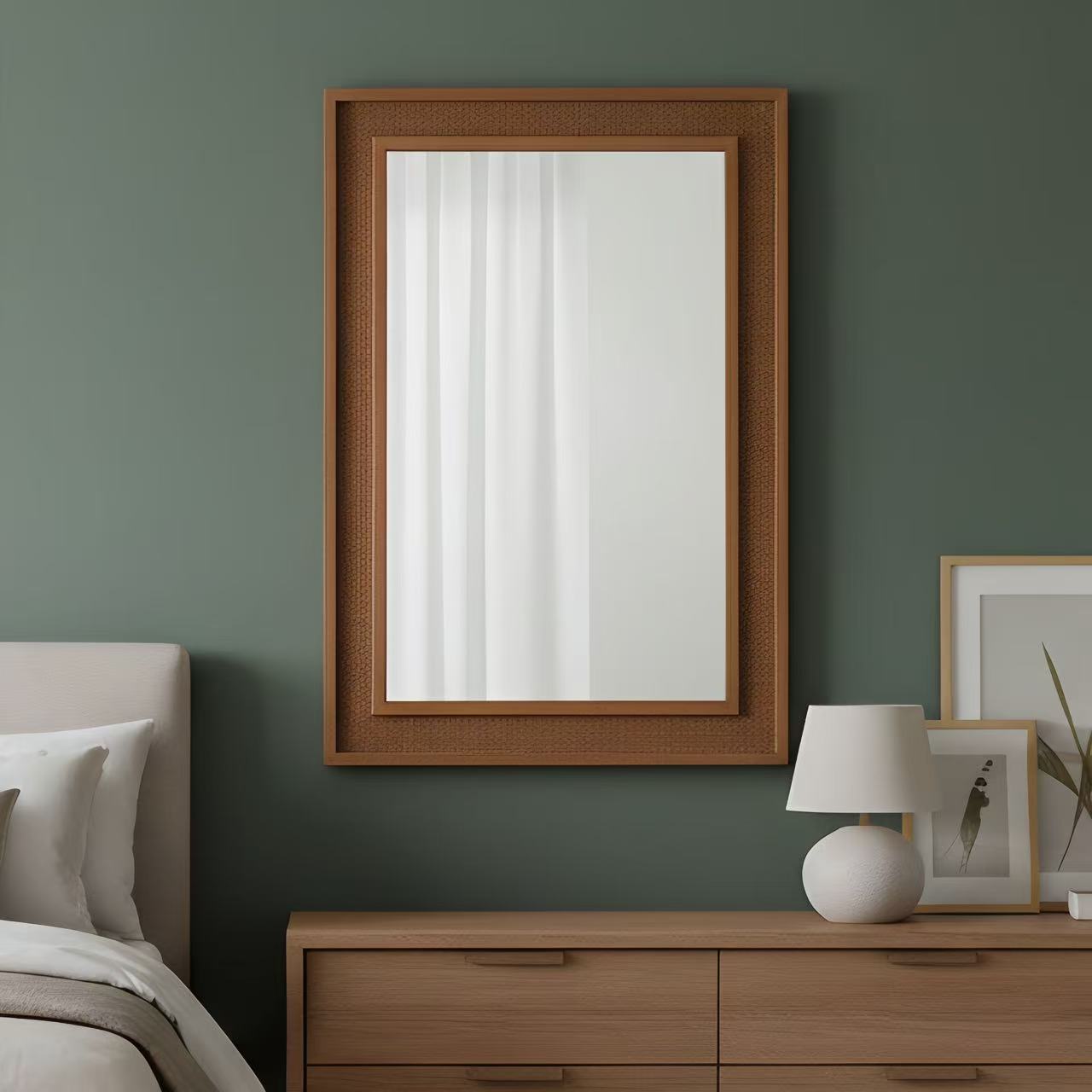 24" x 36" Decorative Mirror, Yellowish Brown Rattan Rectangle Solid Wood Frame, For Farmhouse,Home Decor,Entryway（副本）