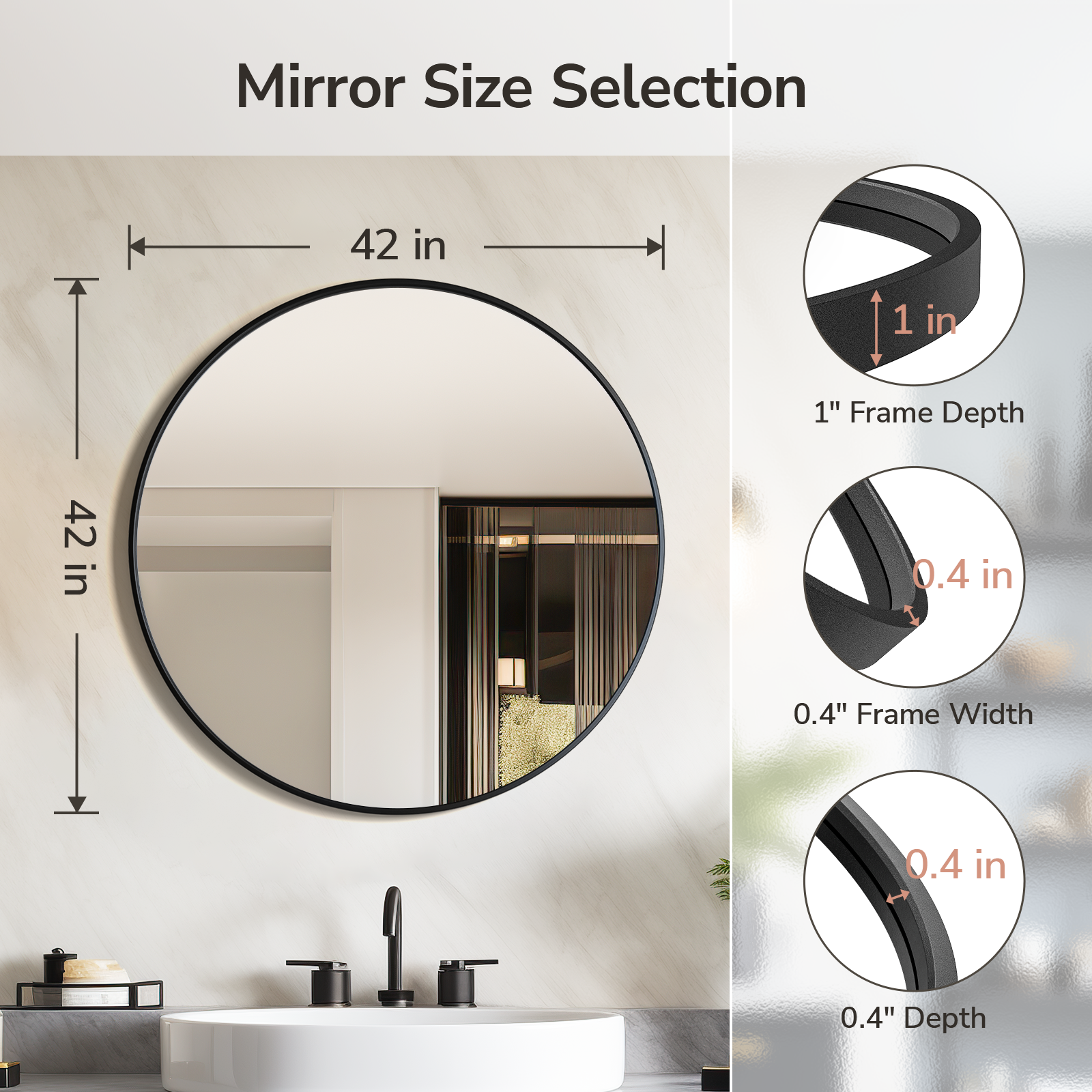 USHOWER Nwar Series – 42'' Black Round Bathroom Mirror