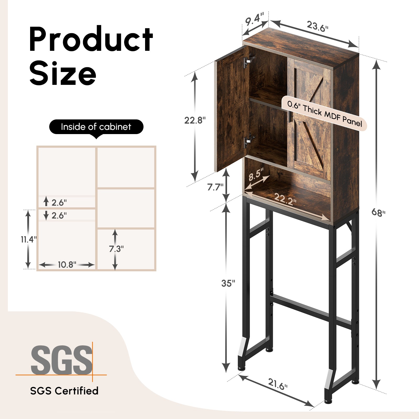 USHOWER Stokado Series – Over-the-Toilet Storage Cabinet with Wood Doors, Rustic Brown
