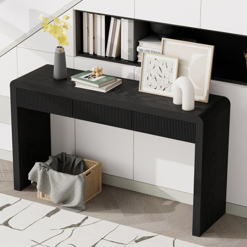 TREXM Rustic Fluted Console Table with 3 Drawers, Solid Wood Veneer Entryway Sofa Table with Natural Wood Grain, Black