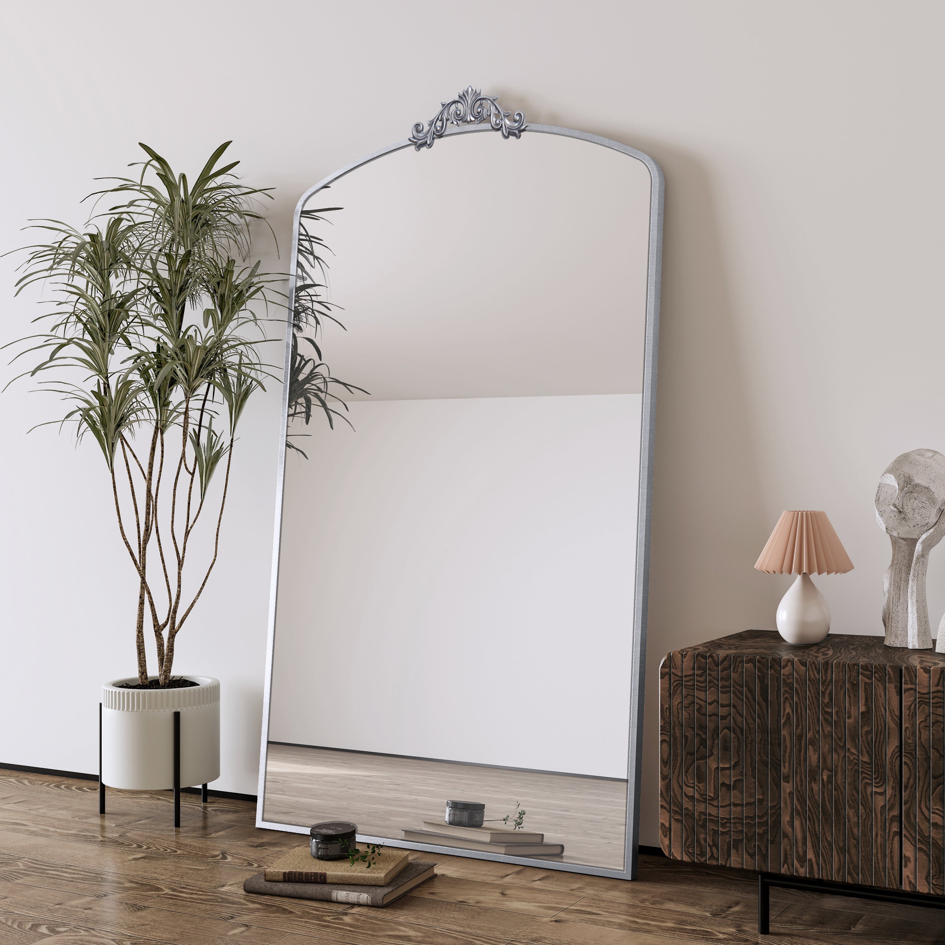 Full Length Mirror 36'' x 66'' Vintage Ornate Arched Floor Mirror, Antique Silver Metal Framed Mirror Dressing Mirror Oversized Wall Mirror, for Entryway, Living Room, Bedroom, Clothing Shop