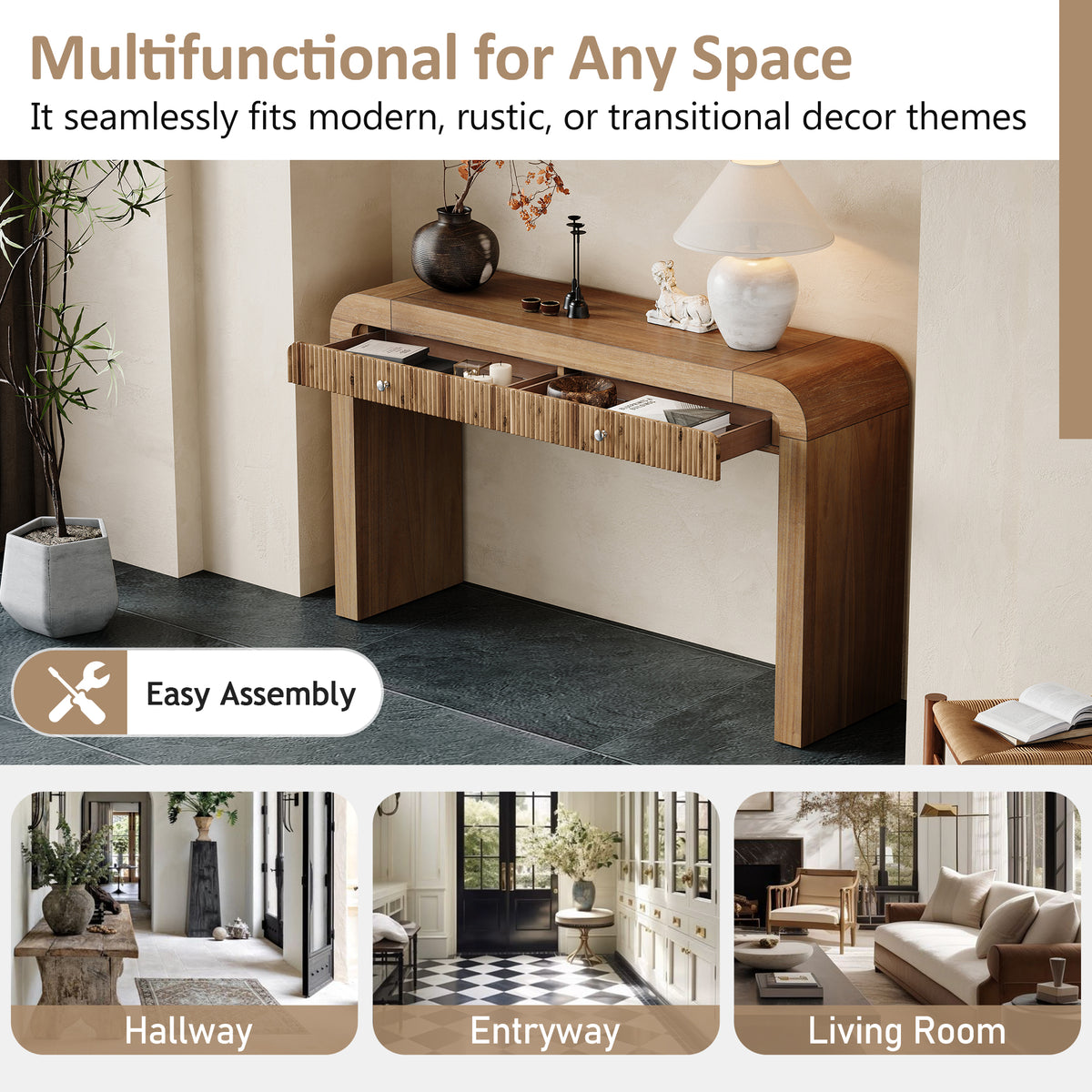 TREXM Rustic Fluted Console Table, Farmhouse Entryway Table with Curved Corners & Thick Legs, Sofa Table for Hallway & Living Room, Natural