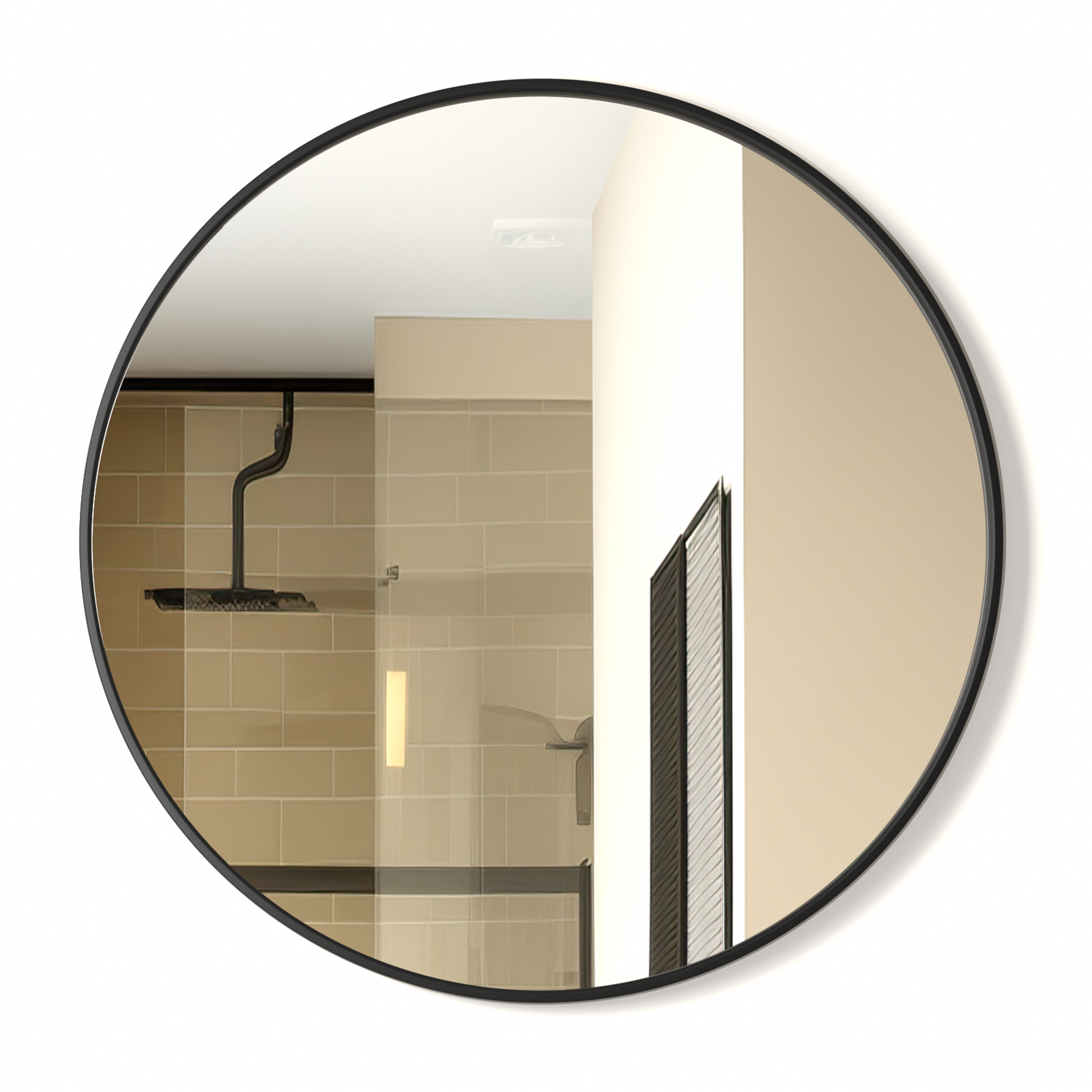 USHOWER Nwar Series 30 Black Frame Round Bathroom Mirror, Reflecting a Clean, Minimalist Bathroom Interior