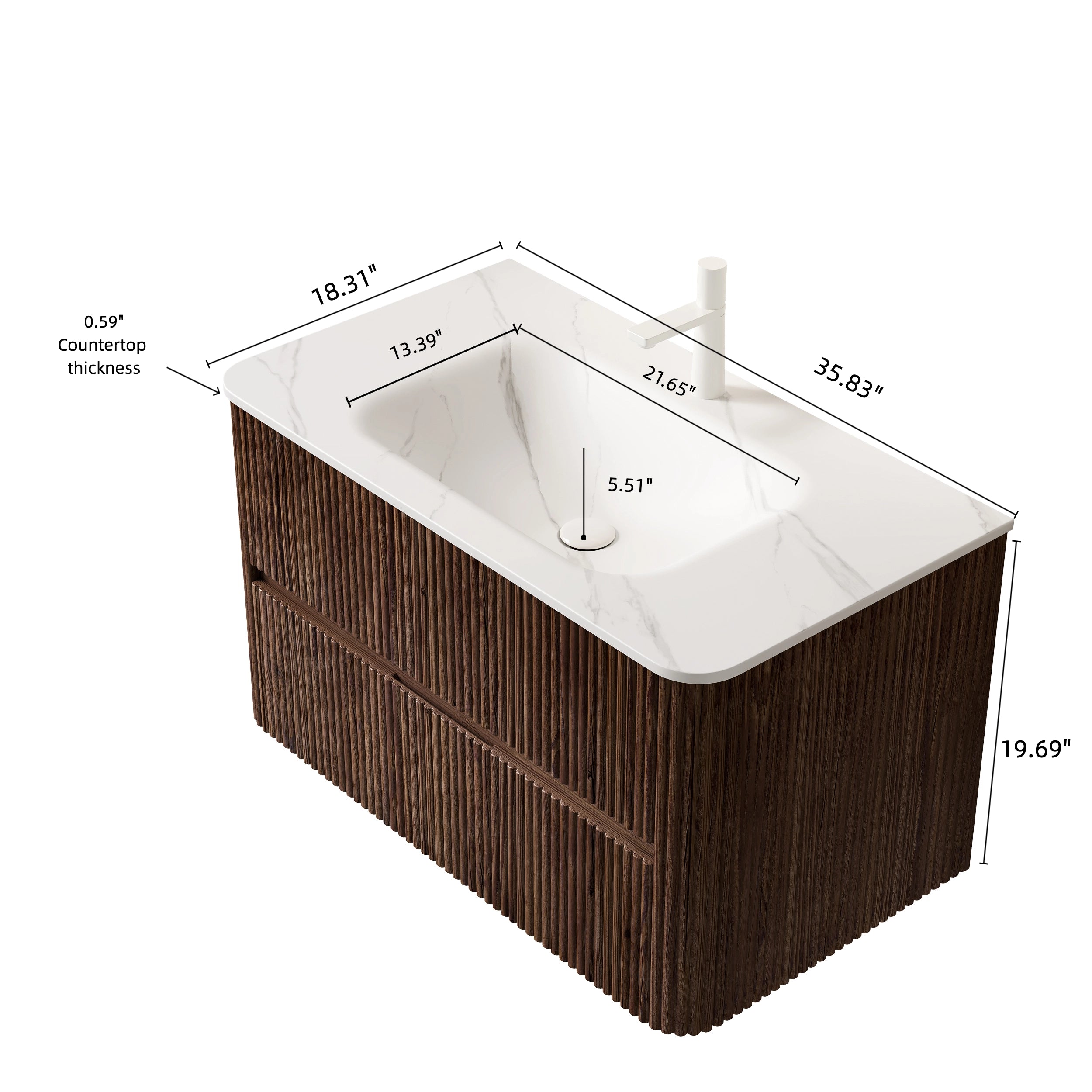 NOOR 36" Bathroom Vanity&Sink, Floating Stripe Plywood Storage Cabinet with 2 Drawers, Carrara White Sintered Stone Hot-bent Integrated Rectangle Basin, Pre-assembled, Retro Walnut Woodgrain Color