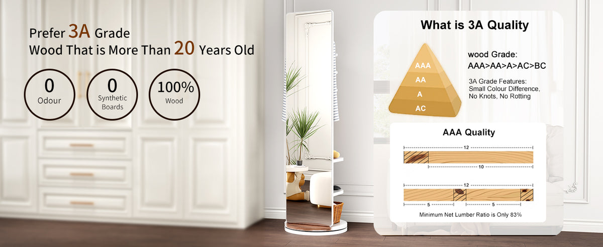 White 360° Rotating Full-Length Mirror, 69" x 20" Solid Wood Floor Mirror with Hooks and Storage Rack for Bedroom, Living Room & Entryway