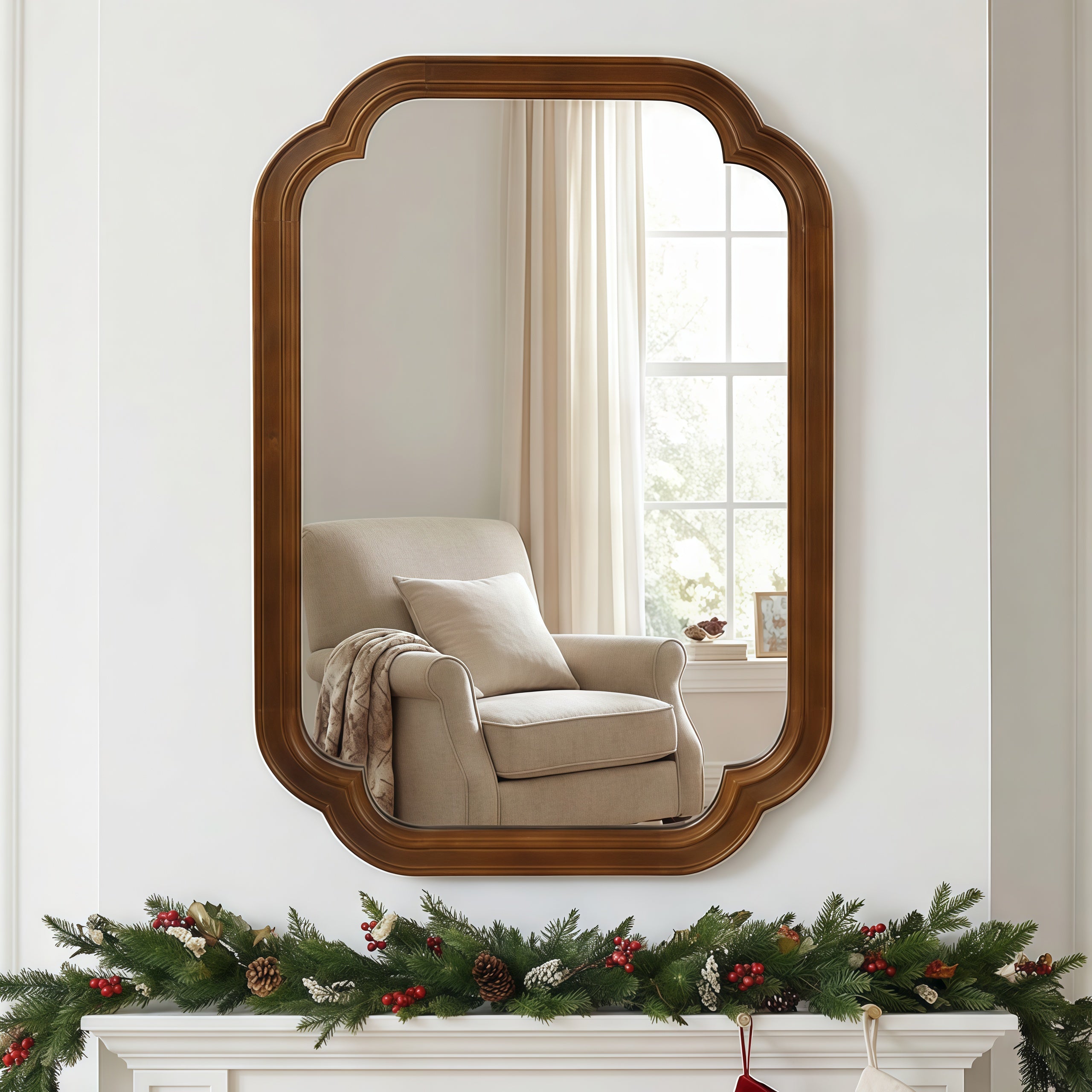 Black Walnut 20" x 30" Solid Wood Frame Rounded Corner Wall Mirror, Elegant Decorative Wall Mirror for Bedroom