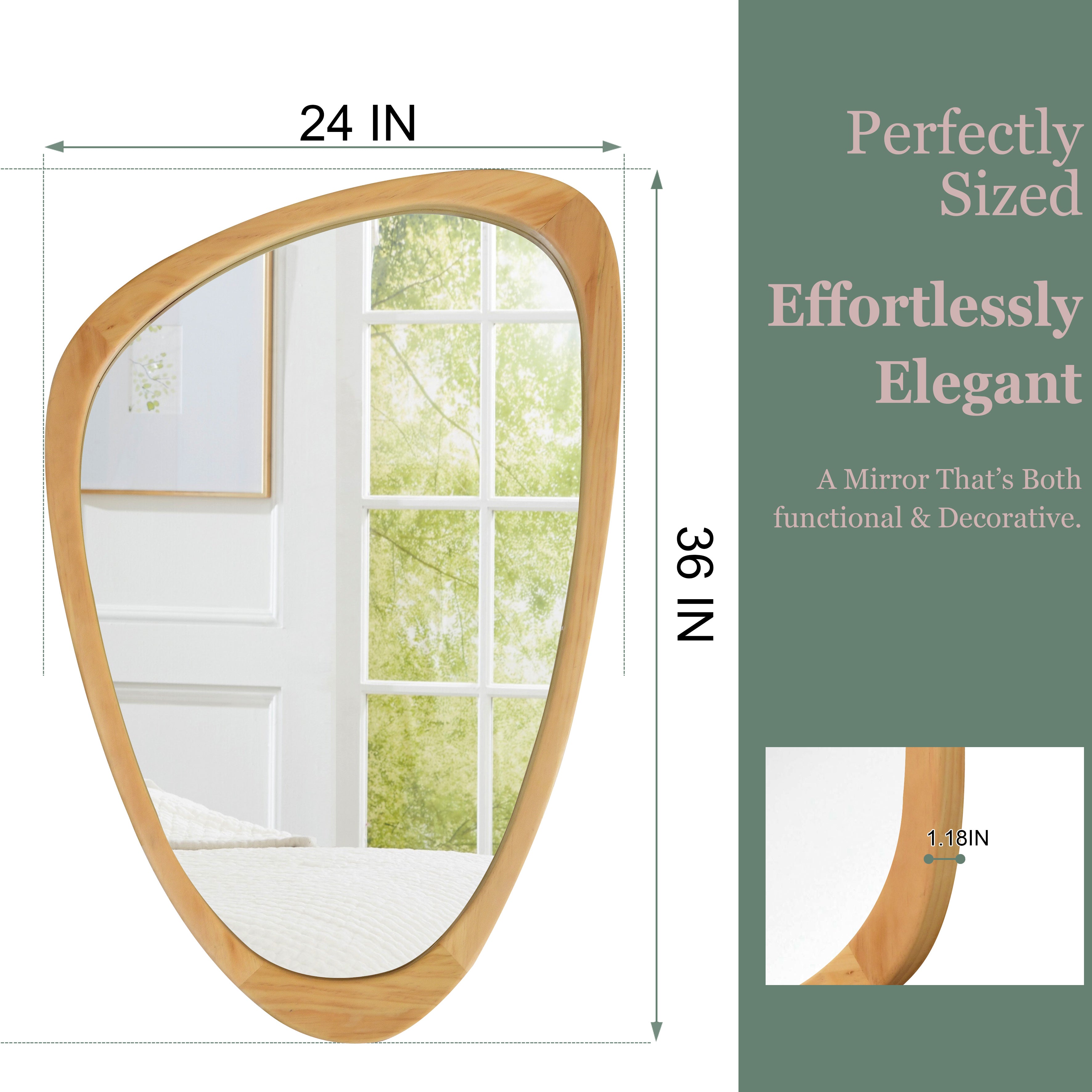 24" x 36" Oak Irregular Wood Frame Mirror|Solid Wood Frame Decorative Bathroom Vanity Mirror for Bedroom, Living Room & Entryway