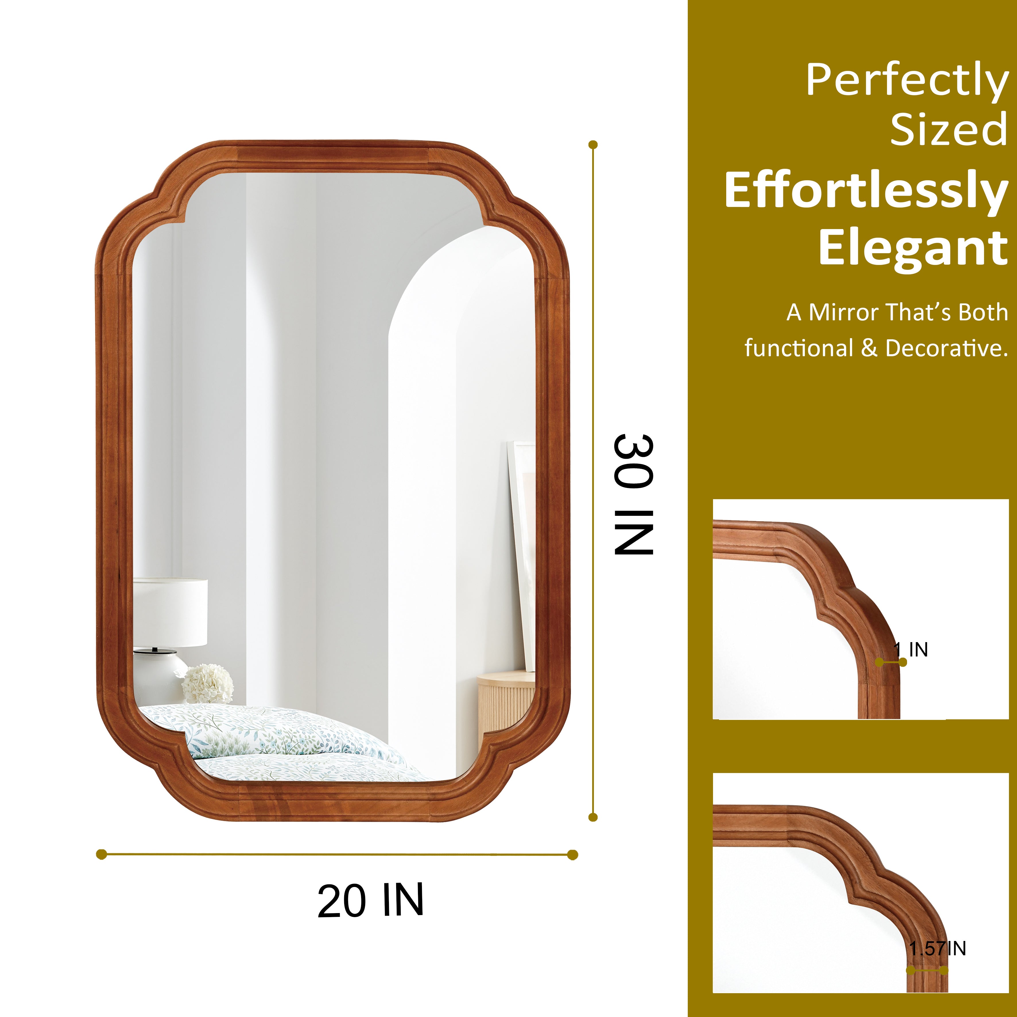 Yellowish Brown 20" x 30" Solid Wood Frame Rounded Corner Wall Mirror, Decorative Wall Mirror for Bedroom