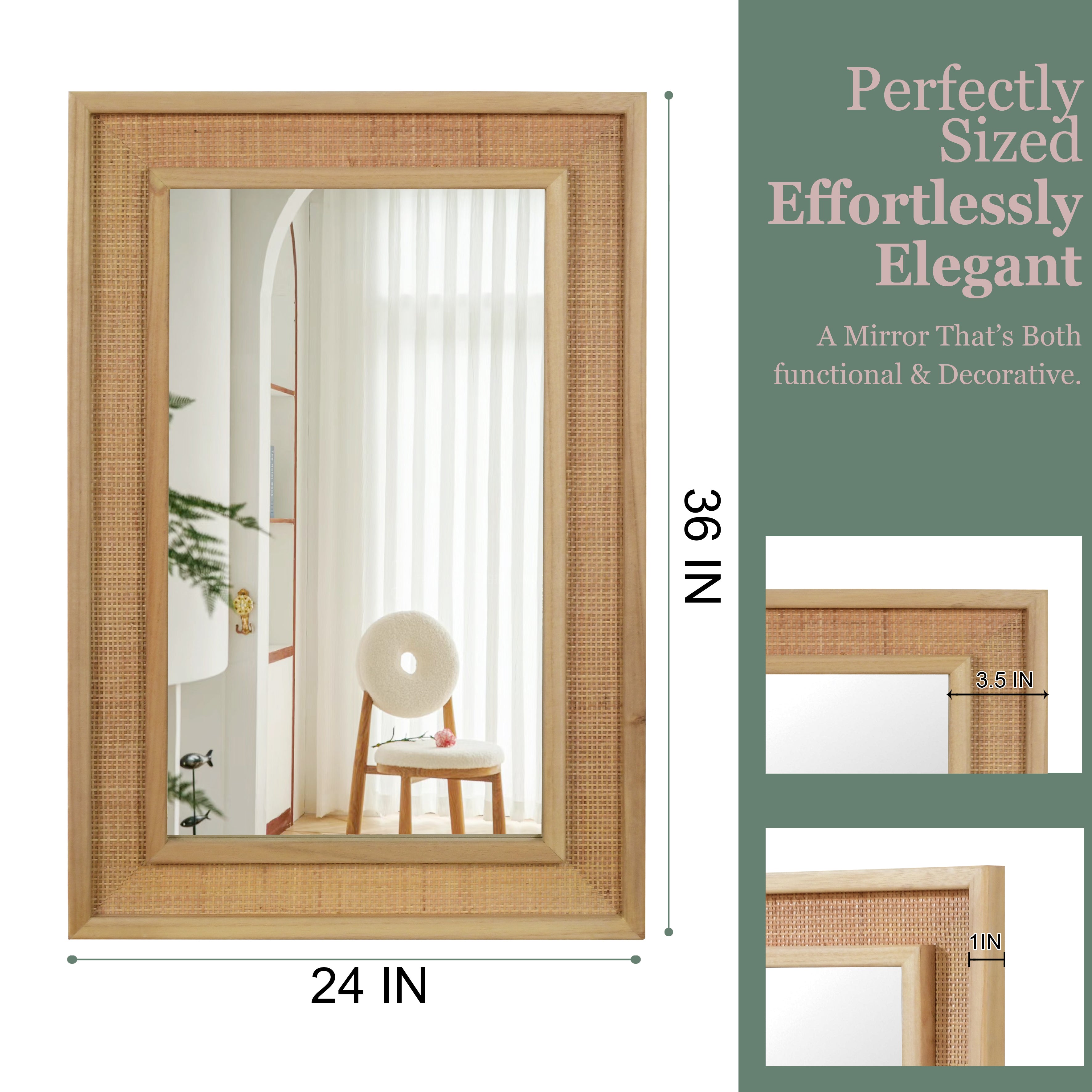 24" x 36" Decorative Mirror, Natural Wood Color Rattan Rectangle Solid Wood Frame, For Farmhouse,Home Decor,Entryway
