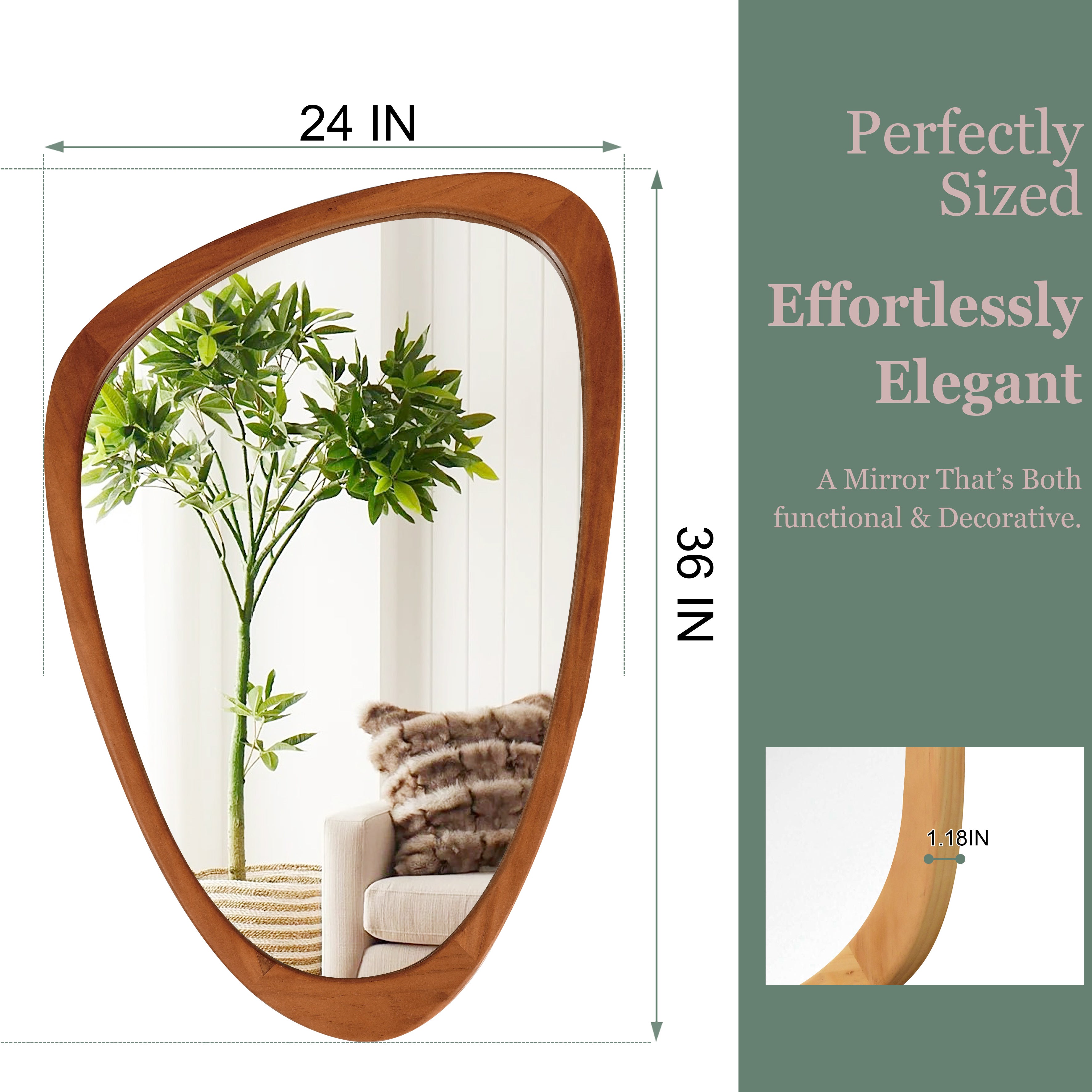 24" x 36"  Yellowish-Brown Irregular Wood Frame Mirror|Solid Wood Frame Decorative Bathroom Vanity Mirror for Bedroom, Living Room & Entryway
