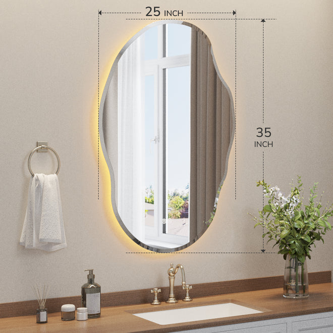 25 x 35 inch irregular oval LED vanity mirror, ideal size for bathroom wall mounting