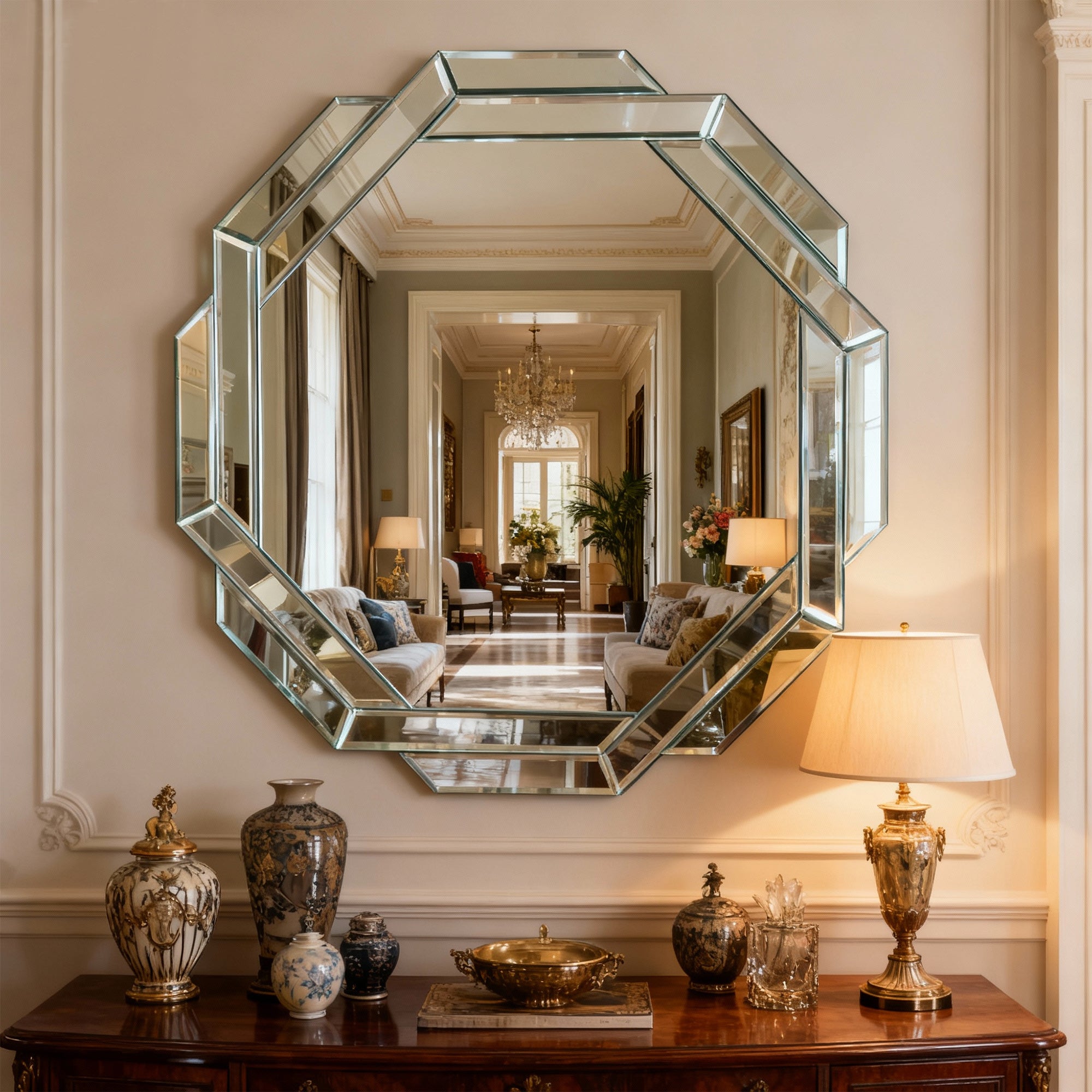 Octagonal Frameless Wall Mirror with Beveled Geometric Design, 29.92''