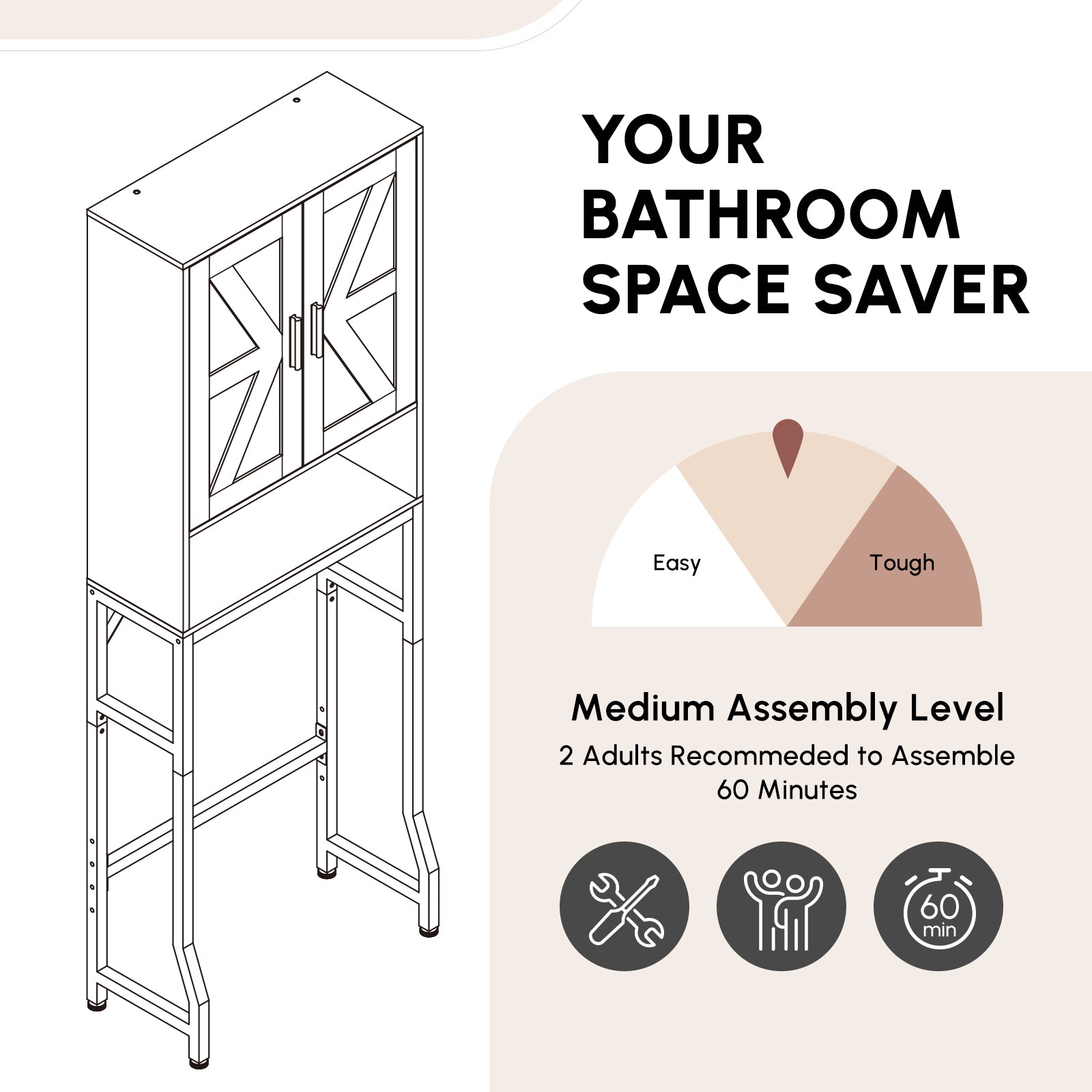 Black Stokado Over-the-Toilet Cabinet, Easy Assembly with Included Tools, Medium Difficulty, Space-Saving Bathroom Organizer