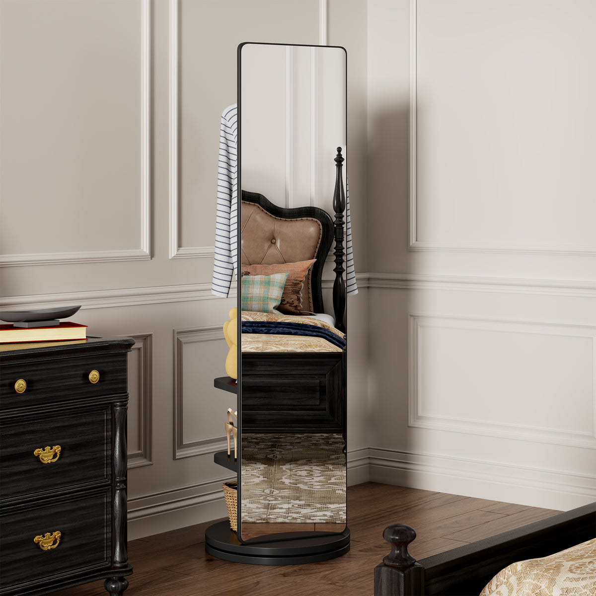 Black 360° Rotating Full-Length Mirror, 69" x 20" Solid Wood Floor Mirror with Hooks and Storage Rack for Bedroom, Living Room & Entryway