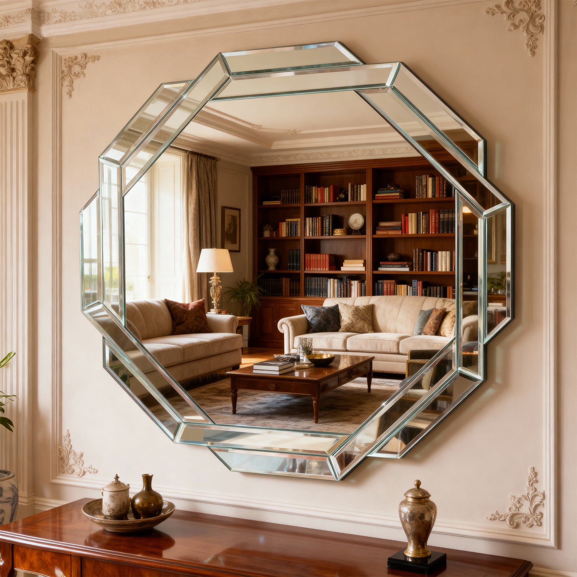 Octagonal Frameless Wall Mirror with Beveled Geometric Design, 29.92''