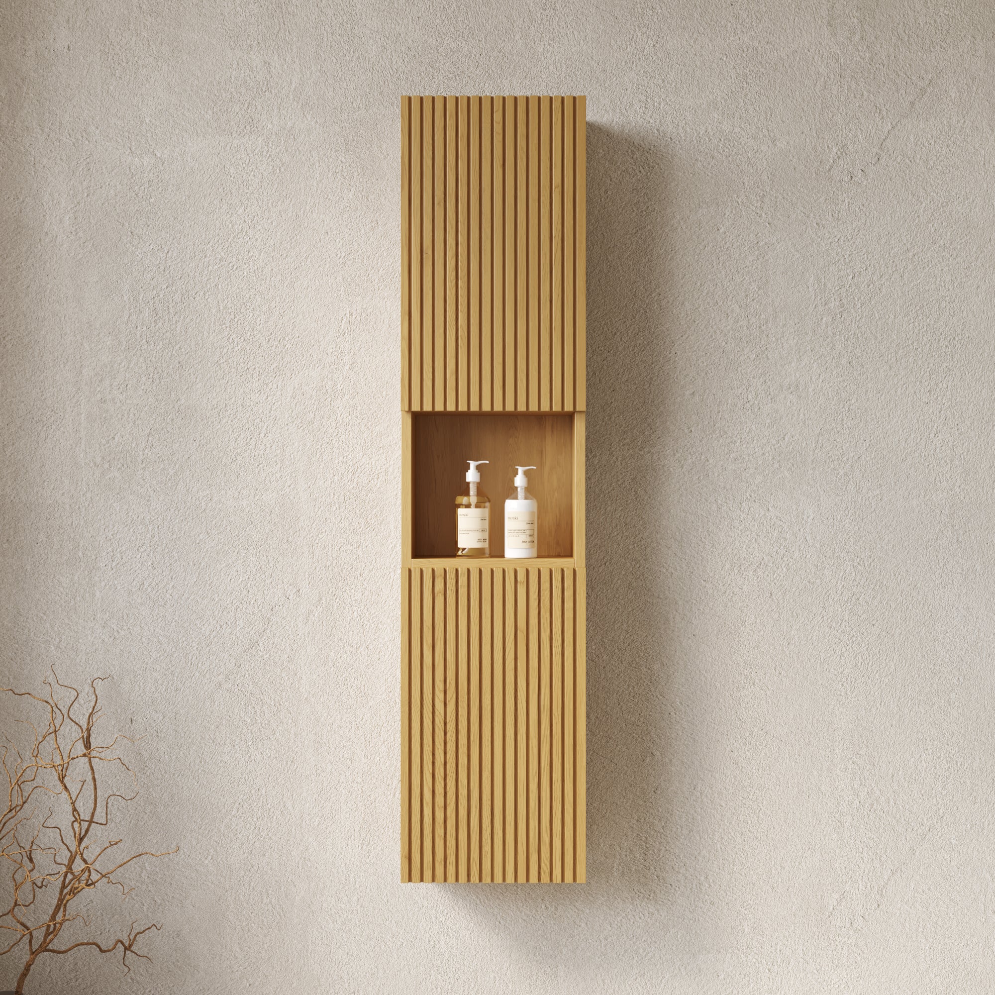 MITCH 59" Tall Bathroom Wall Mounted Cabinet, Narrow Storage Cabinet with Doors and Shelves, Suitable for Small Spaces, Applicable to Bathroom, Living Rooms and Laundry, Corolla Oak Woodgrain Color