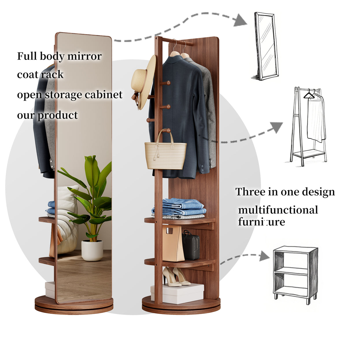 Walnut 360° Rotating Full-Length Mirror, 69" x 20" Solid Wood Floor Mirror with Hooks and Storage Rack for Bedroom, Living Room & Entryway
