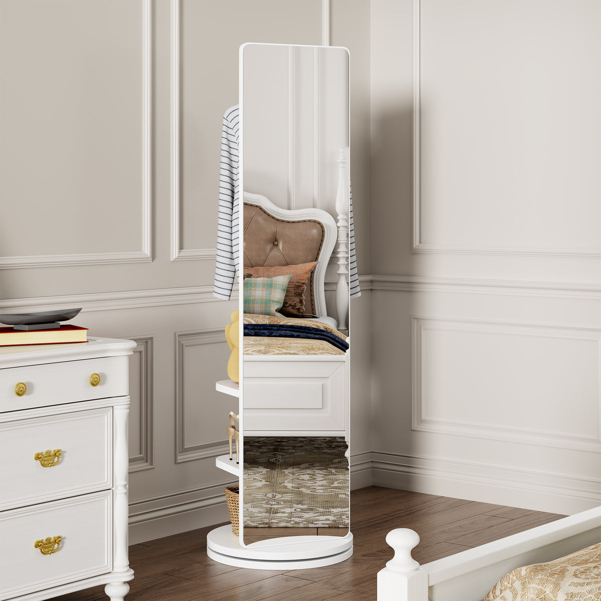 White 360° Rotating Full-Length Mirror, 69" x 20" Solid Wood Floor Mirror with Hooks and Storage Rack for Bedroom, Living Room & Entryway