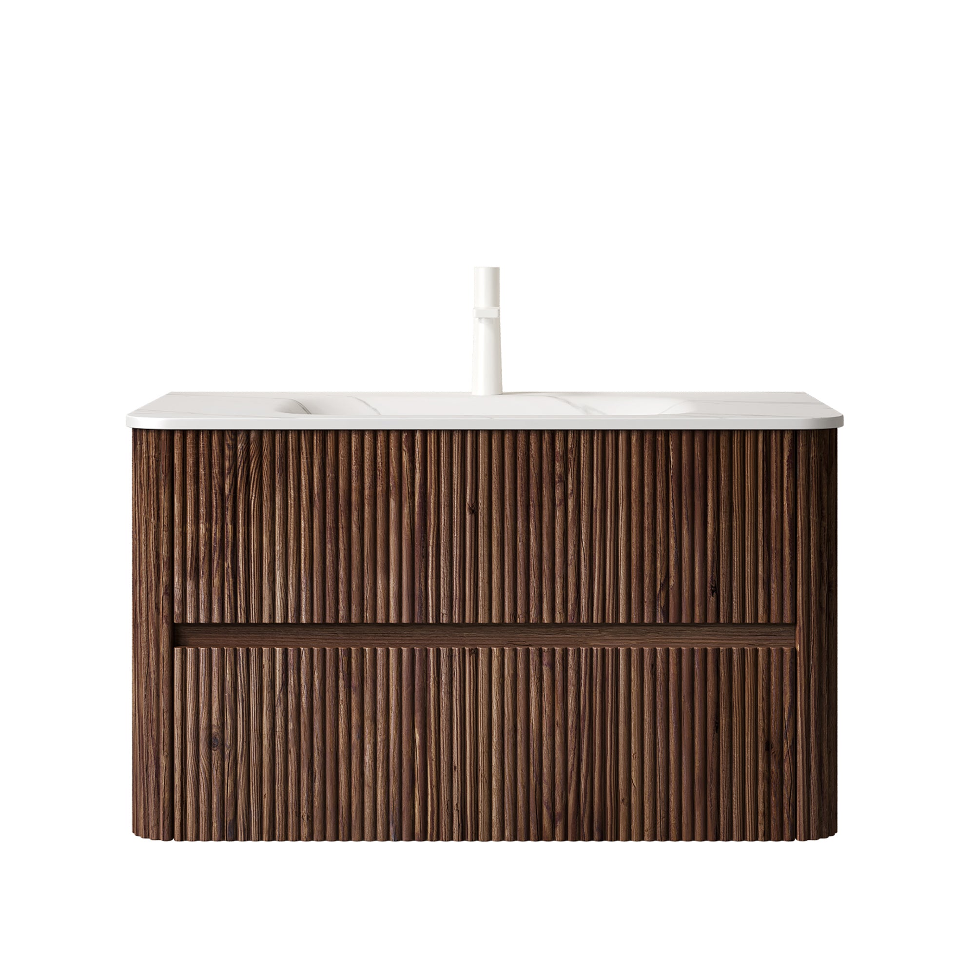 NOOR 36" Bathroom Vanity&Sink, Floating Stripe Plywood Storage Cabinet with 2 Drawers, Carrara White Sintered Stone Hot-bent Integrated Rectangle Basin, Pre-assembled, Retro Walnut Woodgrain Color