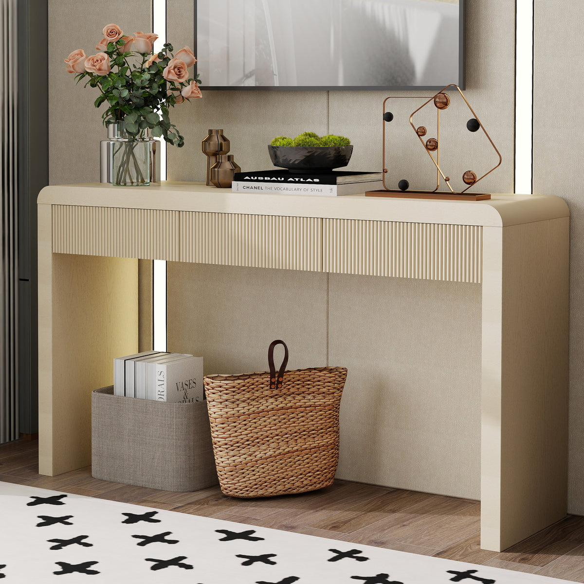 TREXM Rustic Fluted Console Table with 3 Drawers, Solid Wood Veneer Entryway Sofa Table with Natural Wood Grain, Apricot