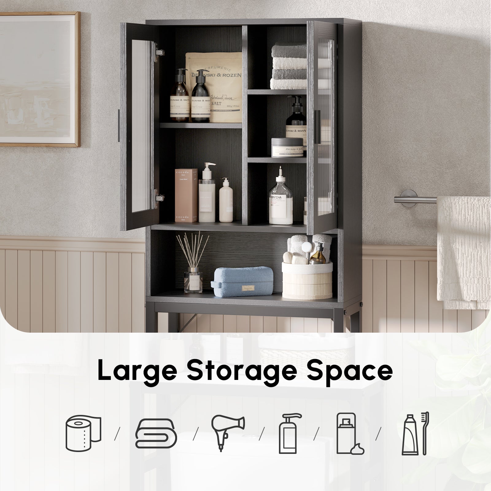 Black Over-the-Toilet Organizer with Ample Storage Space for Towels, Toiletries, and Bathroom Essentials, Space Saver Cabinet