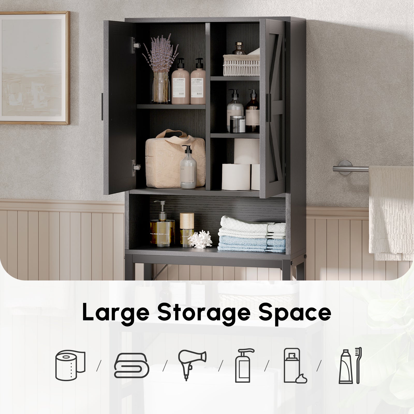 Black Over-the-Toilet Organizer with Large Storage Space for Towels, Toiletries, and Bathroom Supplies, Space-Saving Cabinet