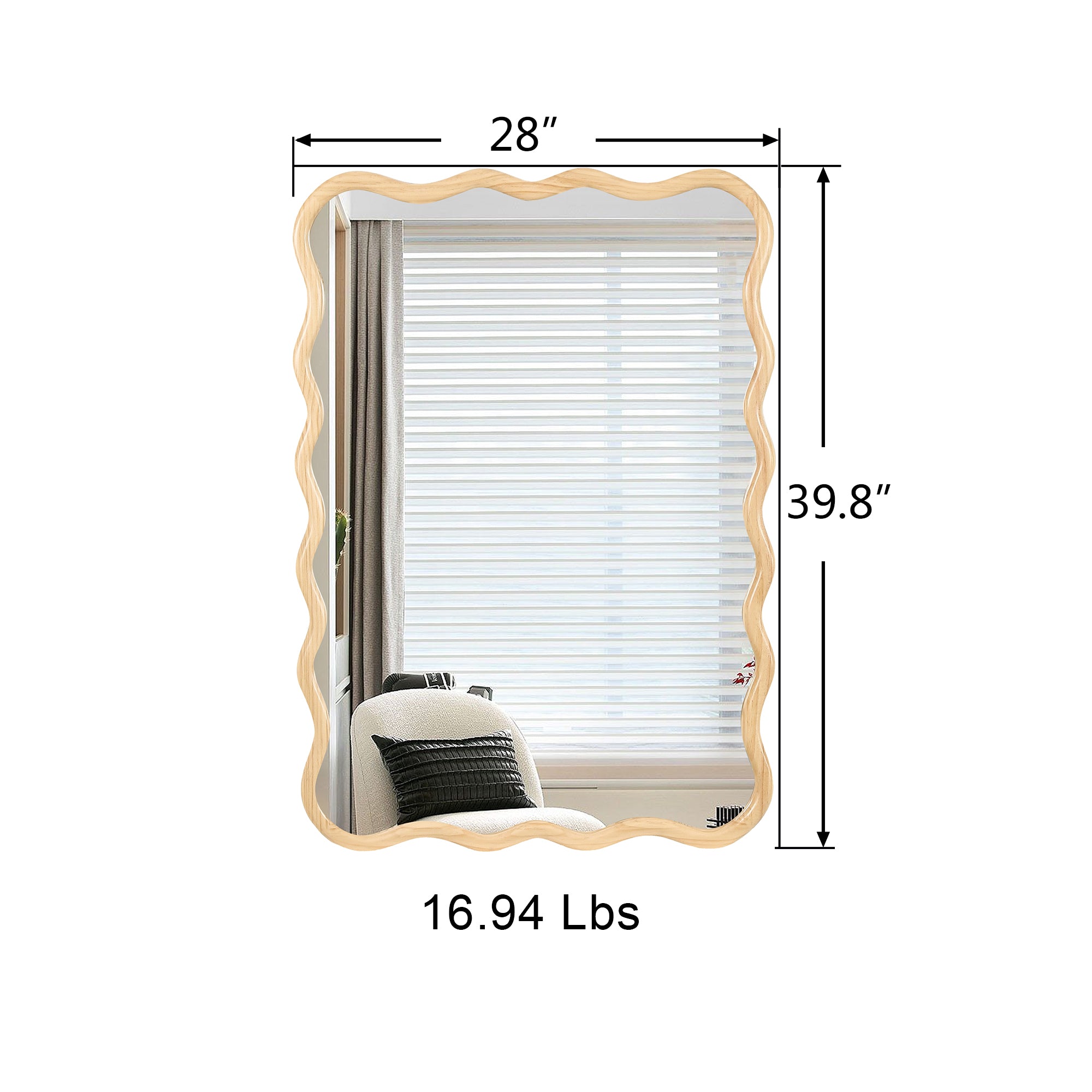 Wavy Rectangular Natural Wood Beige Wall Mirror, Solid Wood, 28'' x 39.8''