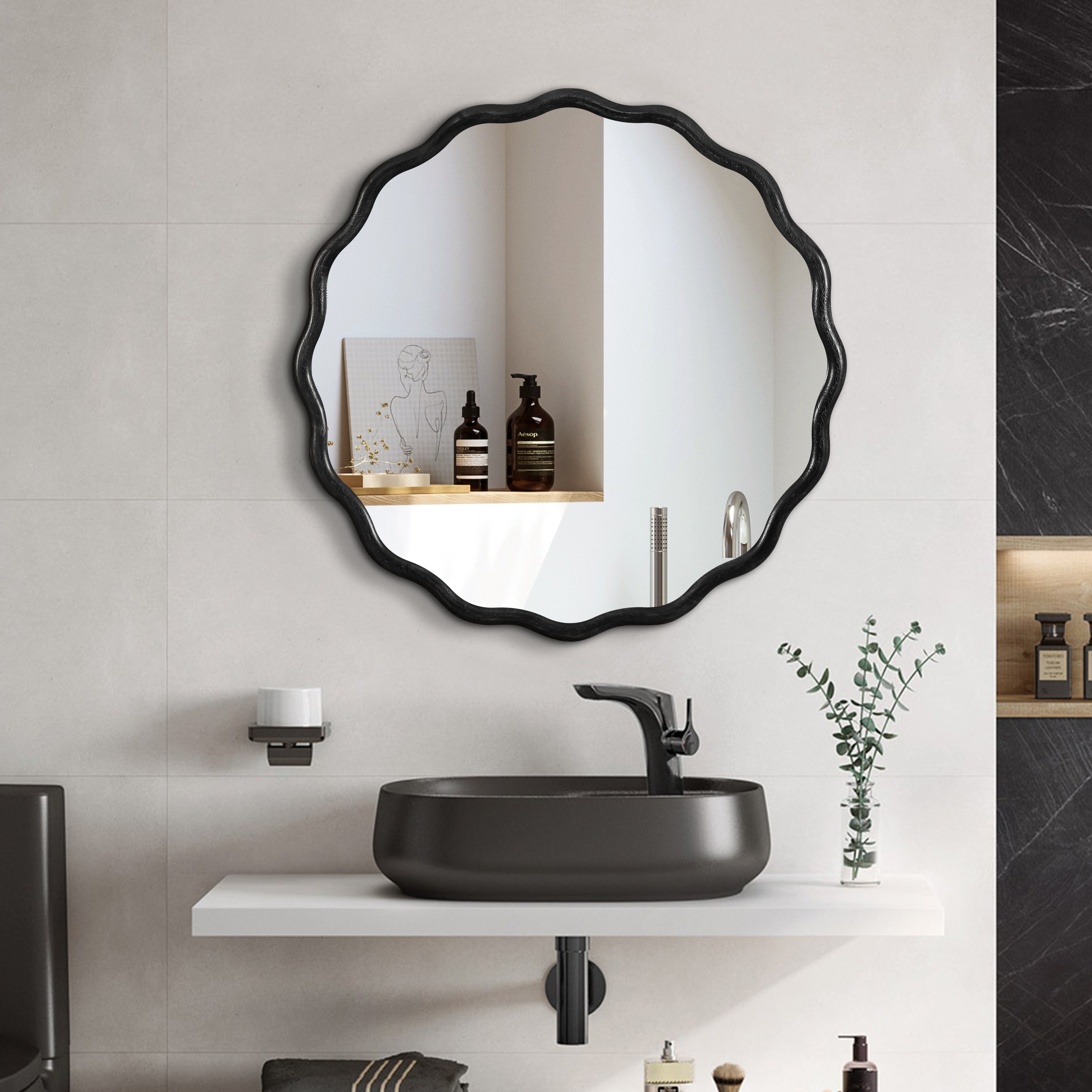 Wavy Round Black Wall Mirror, Solid Wood, 35.6'' Diameter
