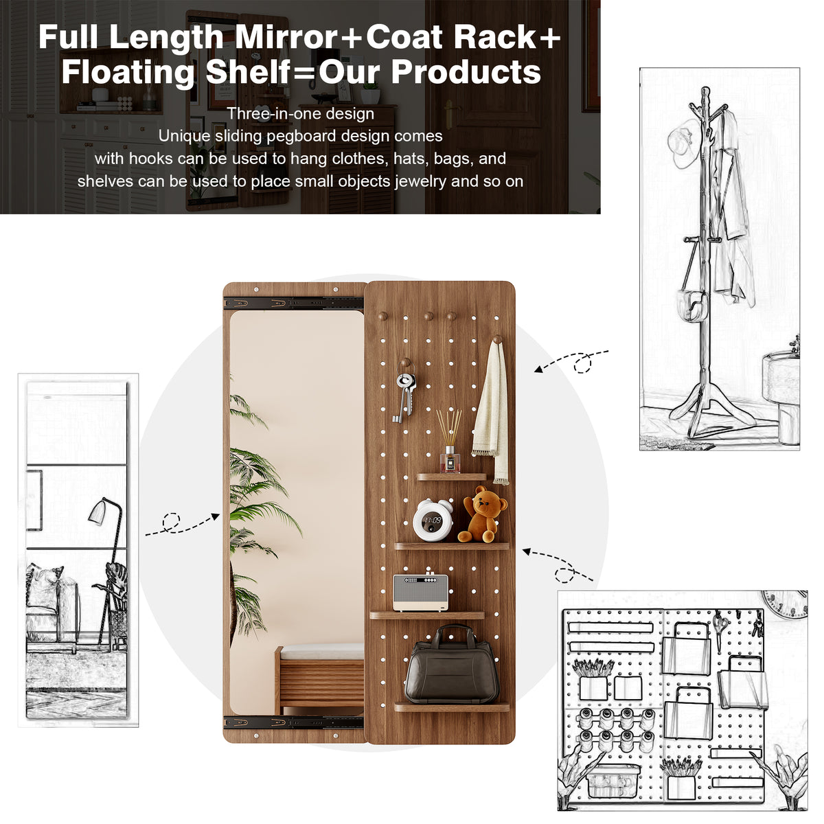 Walnut Wall-Mounted Full-Length Mirror, 47.6 x 15.7 Inch Sliding Space-Saving Mirror with Multi-Functional Panel for Bedroom, Living Room & Entryway