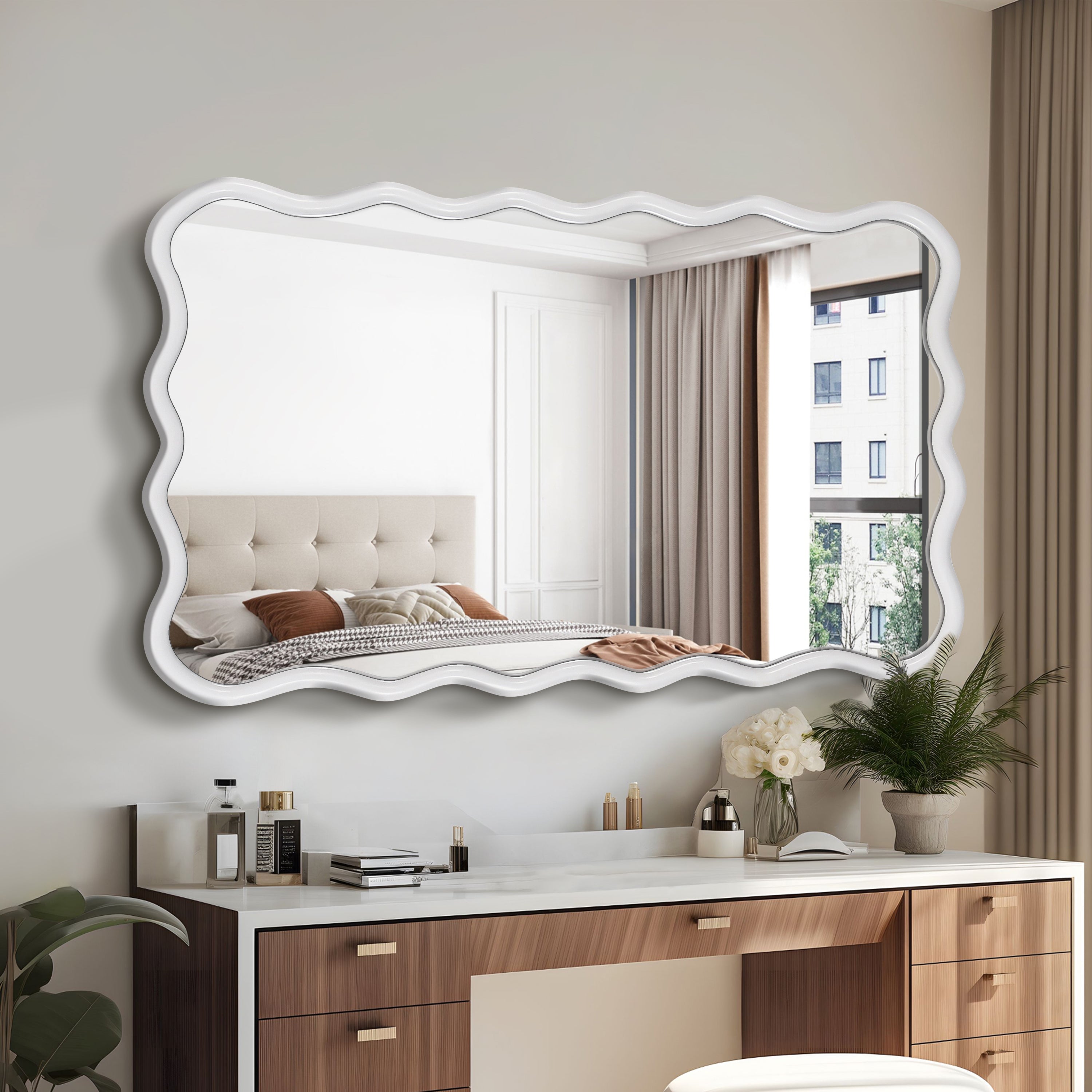 Wavy Rectangular White Wall Mirror, Solid Wood, 28'' x 39.8''