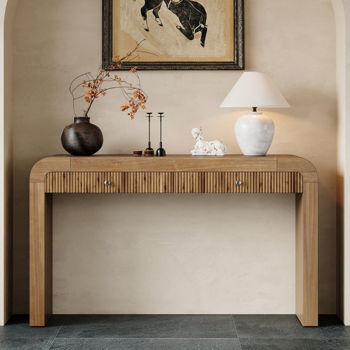 TREXM Rustic Fluted Console Table, Farmhouse Entryway Table with Curved Corners & Thick Legs, Sofa Table for Hallway & Living Room, Natural