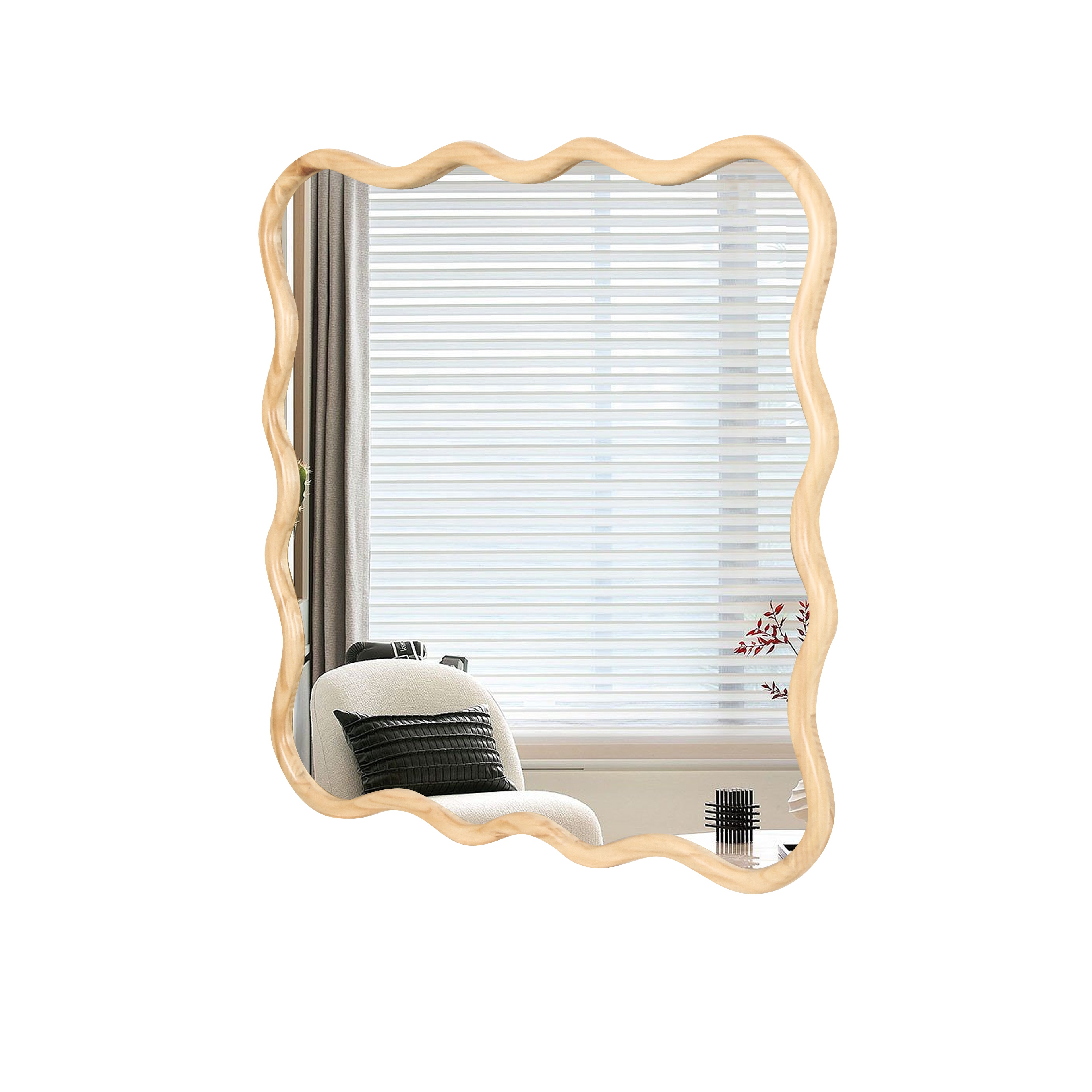 Wavy Square Natural Wood Beige Wall Mirror, Solid Wood, 35.8'' x 35.8''