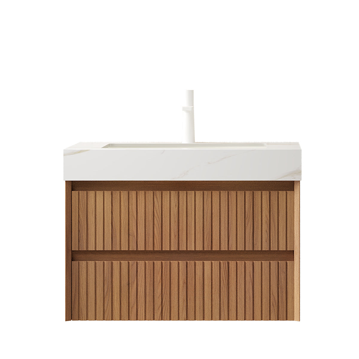 TILLEY 30" Floating Bathroom Vanity with Calacatta Gold Sintered Stone Top, Ceramic Undermount Sink, 2 Drawers, Brown Oak Woodgrain, Pre-Assembled