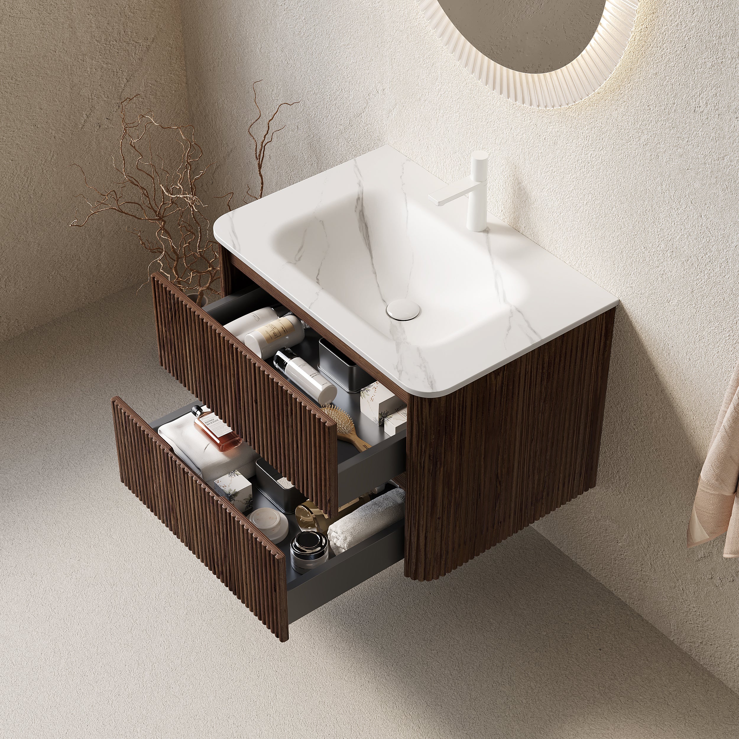 NOOR 30" Bathroom Vanity with Sink, Wall-Mounted Floating Plywood Bathroom Storage Cabinet with 2 Drawers, Carrara White Basin, NO Faucet, Pre-assembled, Retro Walnut Woodgrain Color